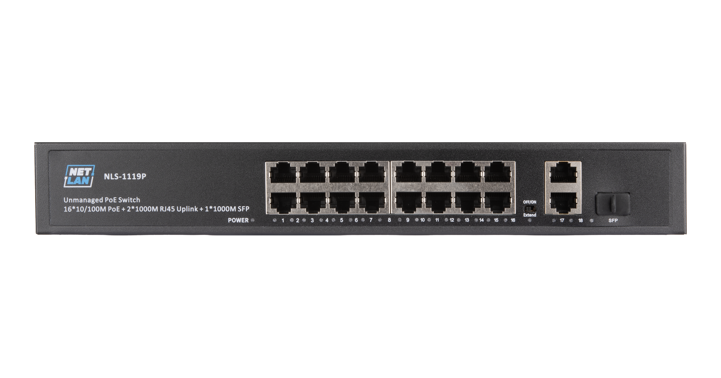 Коммутатор NETLAN, неуправляемый, 16*10/100Мбит/с PoE (af/at), 2*10/100/1000Мбит/с RJ45, 1*100/1000Мбит/с SFP, DC52V/4.8A, PoE бюджет 250W — фото