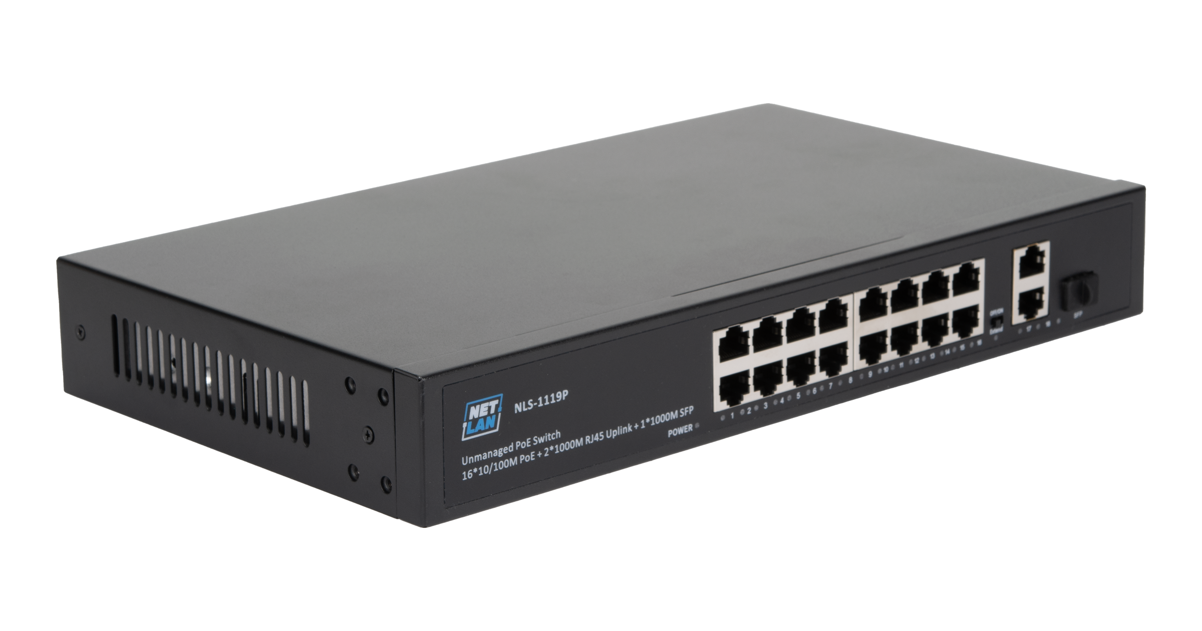 Коммутатор NETLAN, неуправляемый, 16*10/100Мбит/с PoE (af/at), 2*10/100/1000Мбит/с RJ45, 1*100/1000Мбит/с SFP, DC52V/4.8A, PoE бюджет 250W — фото