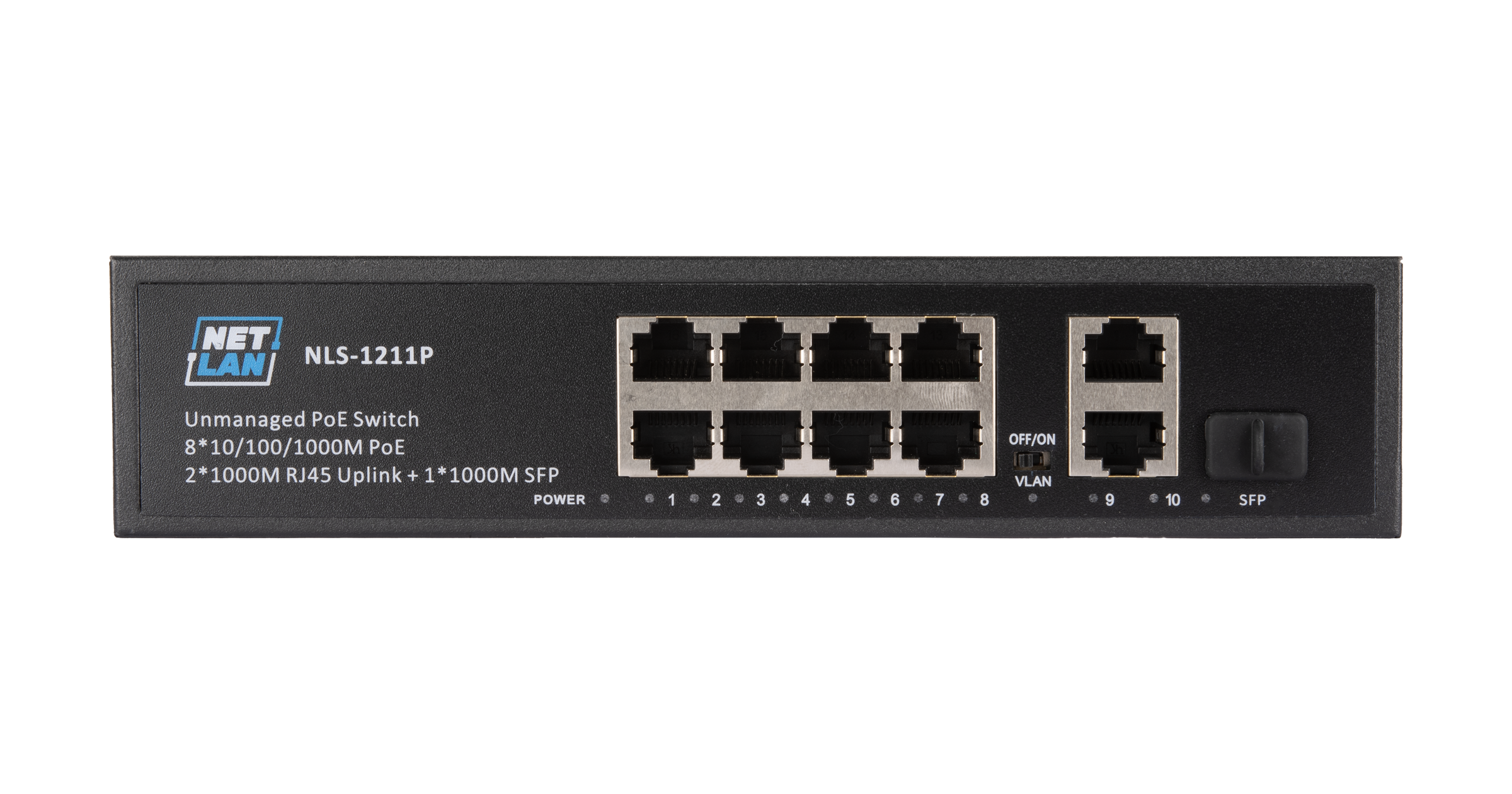 Коммутатор NETLAN, неуправляемый, 8*10/100/1000Мбит/с PoE (af/at), 2*10/100/1000Мбит/с RJ45, 1*100/1000Мбит/с SFP, DC52V/2.3A, PoE бюджет 120W — фото