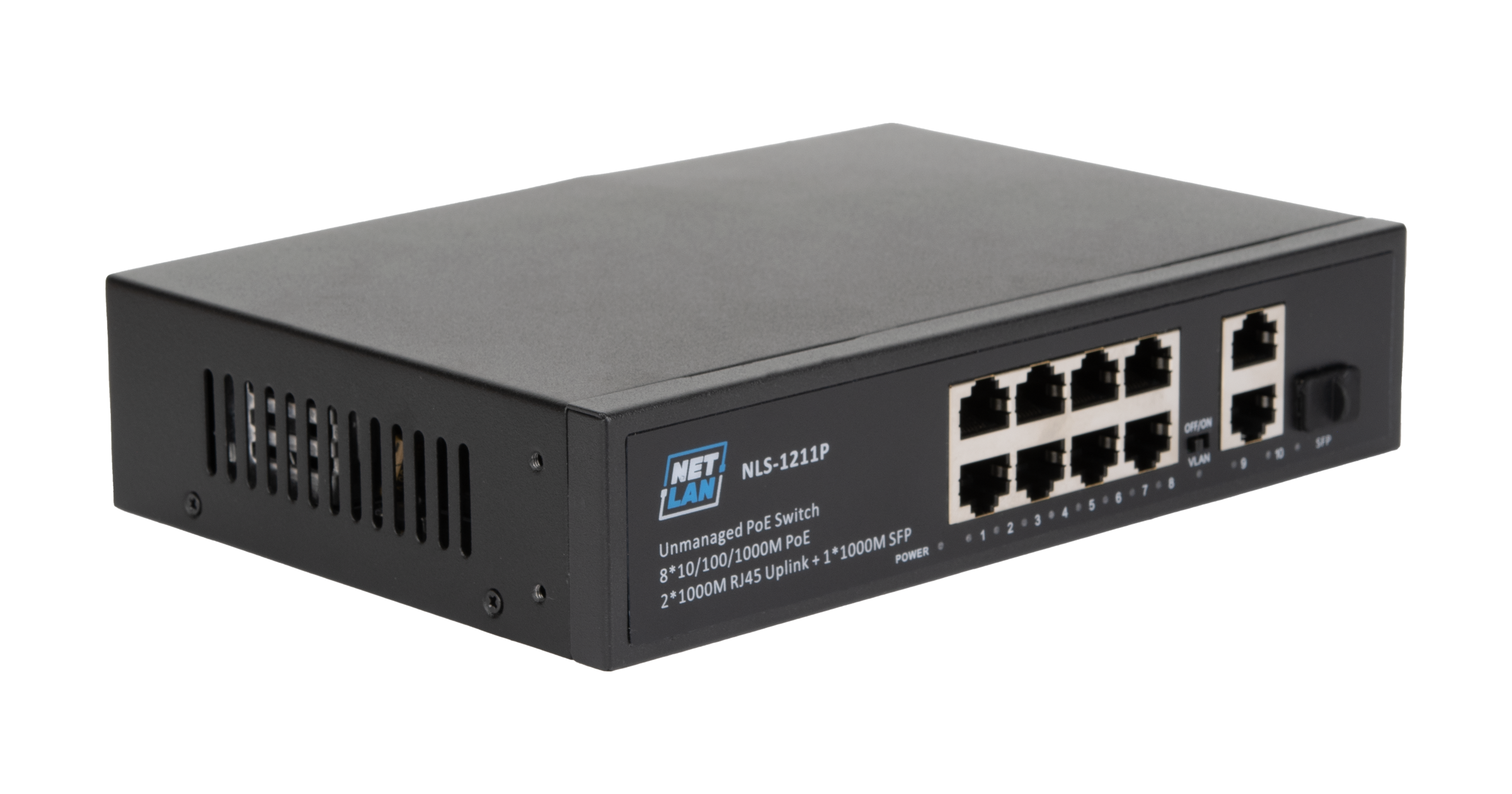 Коммутатор NETLAN, неуправляемый, 8*10/100/1000Мбит/с PoE (af/at), 2*10/100/1000Мбит/с RJ45, 1*100/1000Мбит/с SFP, DC52V/2.3A, PoE бюджет 120W — фото