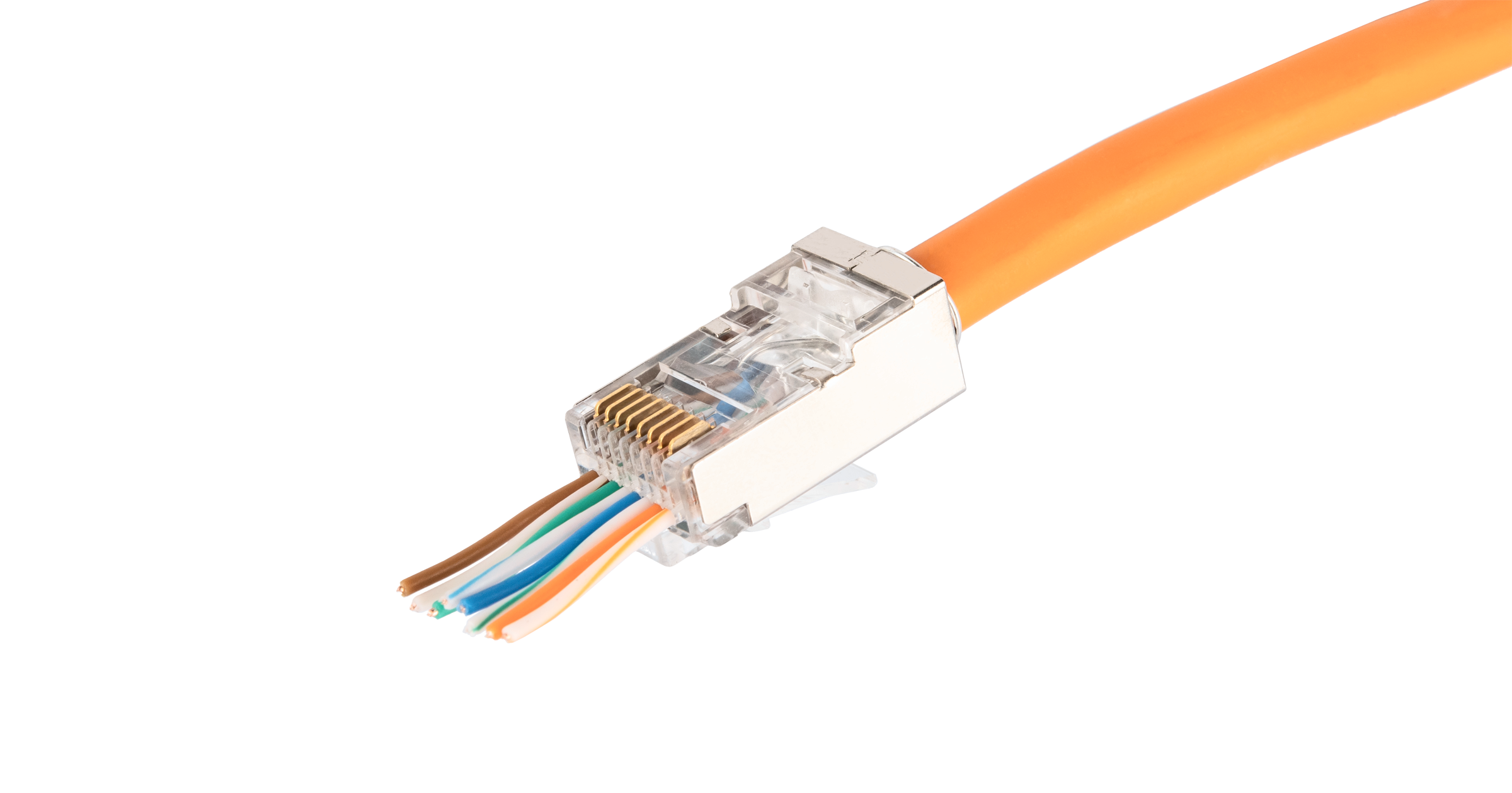 Коннектор  NIKOMAX RJ45/8P8C под витую пару, Кат.5е (Класс D), 100МГц, покрытие 50мкд, универсальные ножи, сквозной, экранированный, круглый ввод, уп-ка 100шт. — фото