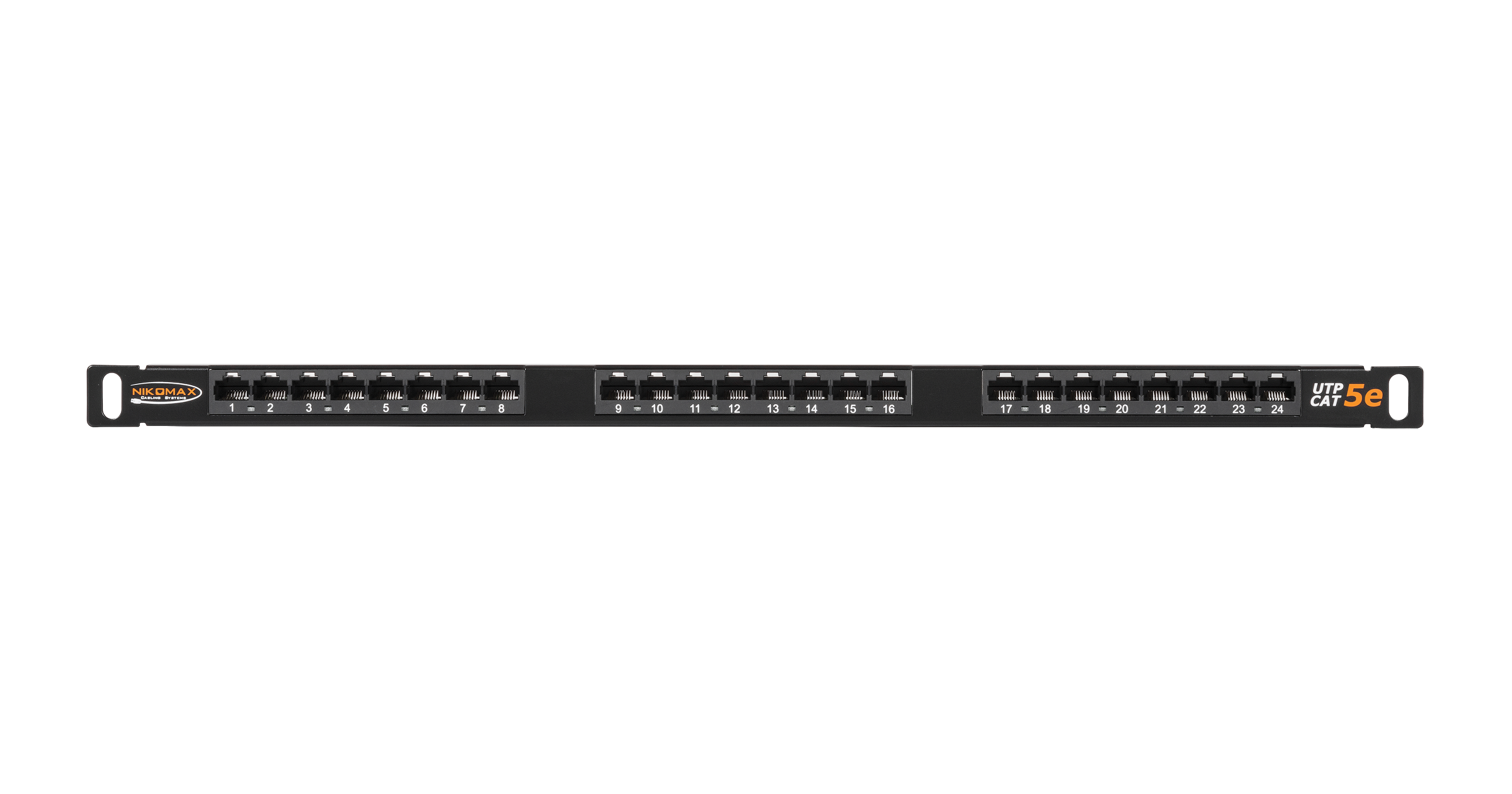 Коммутационная панель NIKOMAX 19", 0,5U, 24 порта, Кат.5e (Класс D), 100МГц, RJ45/8P8C, 110/KRONE, T568A/B, неэкранированная, с органайзером, черная - гарантия: 5 лет расширенная / 25 лет системная — фото