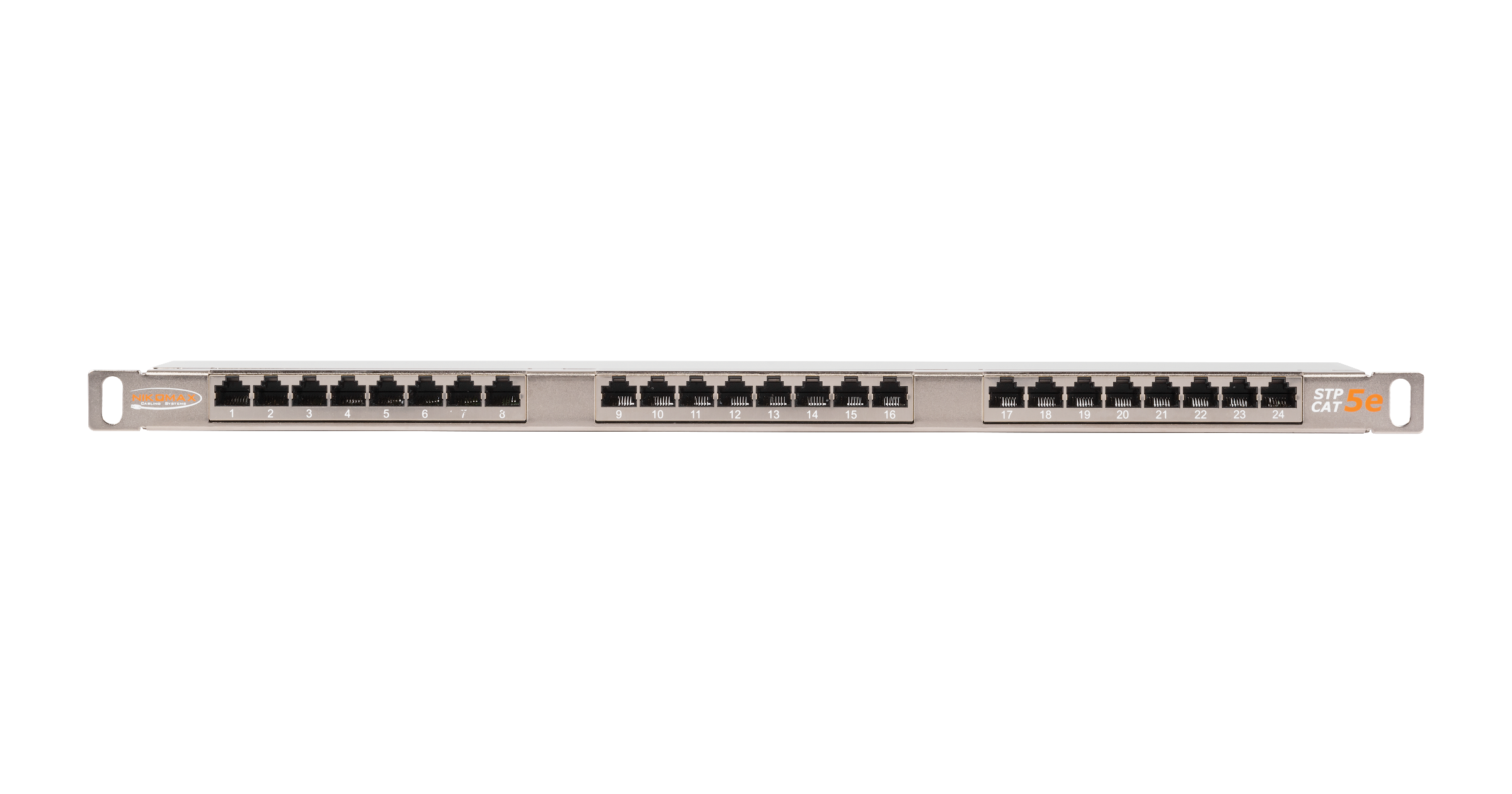 Коммутационная панель NIKOMAX 19", 0,5U, 24 порта, Кат.5e (Класс D), 100МГц, RJ45/8P8C, 110/KRONE, T568A/B, полный экран, с органайзером, металлик - гарантия: 5 лет расширенная / 25 лет системная — фото