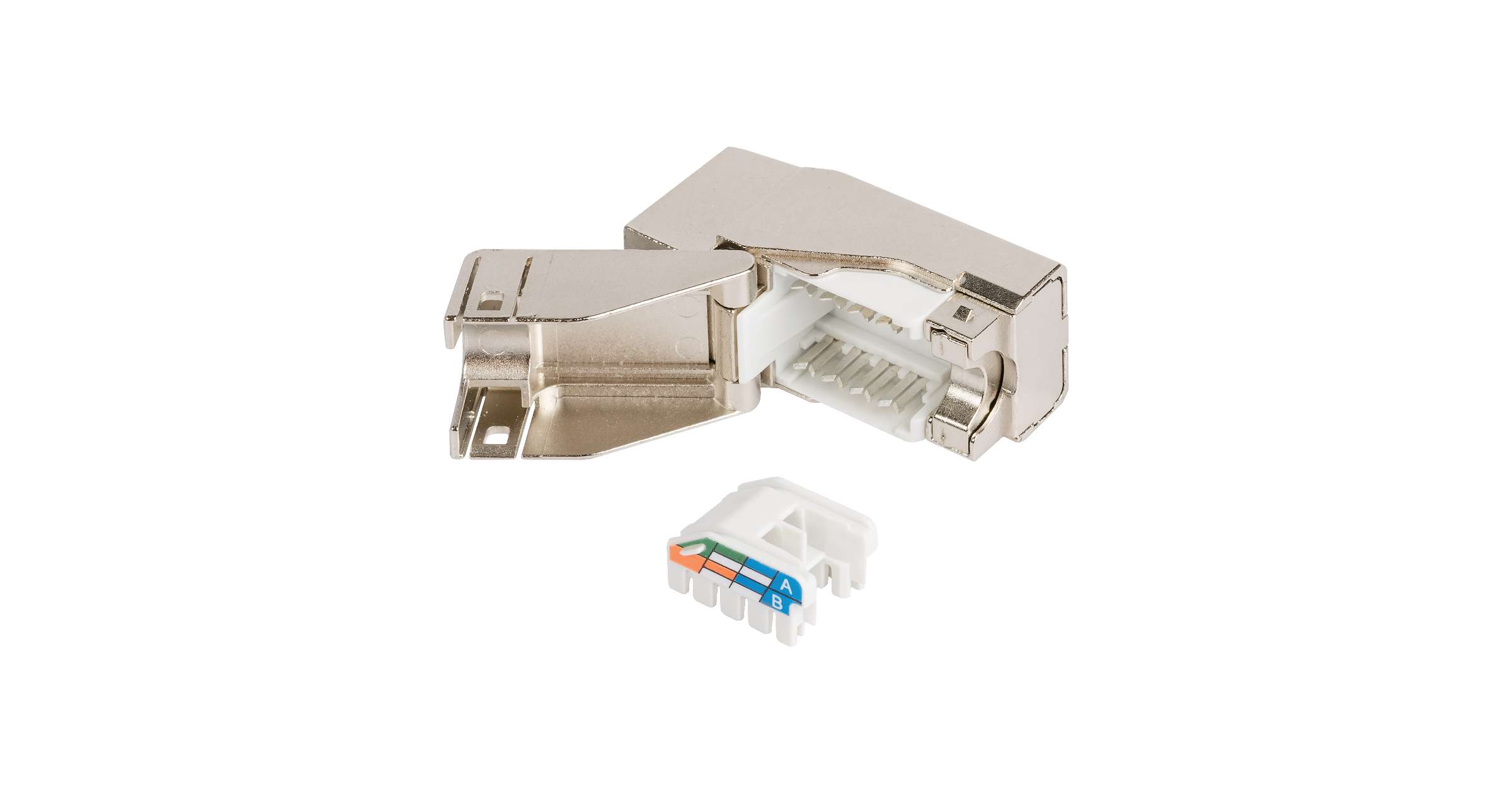 Модуль-вставка NIKOMAX типа Keystone, Кат.6a (Класс Ea), 500МГц, RJ45/8P8C, самозажимной, T568A/B, полный экран, металлик - гарантия: 5 лет расширенная / 25 лет системная — фото