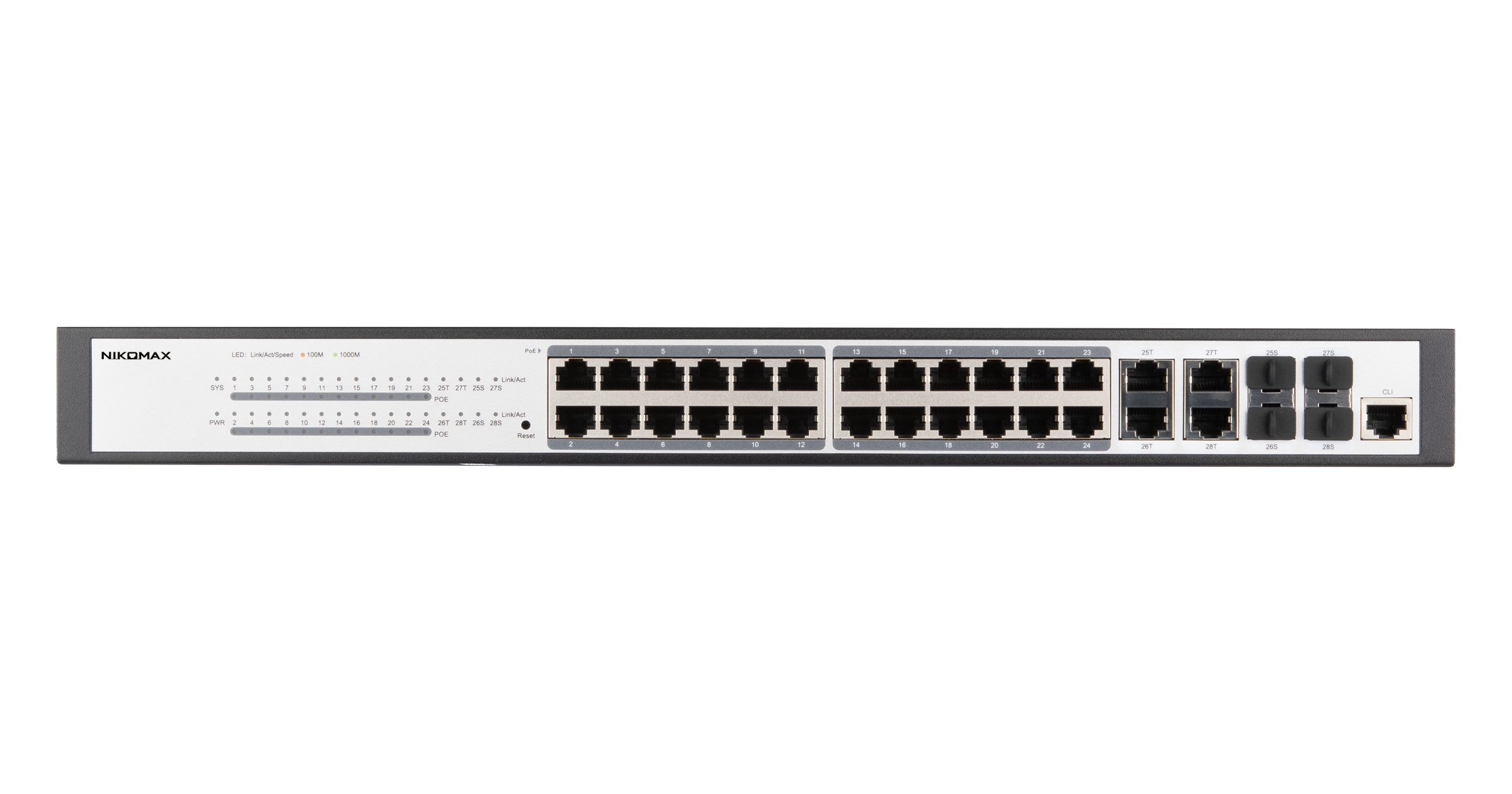 Управляемый L2 PoE коммутатор NIKOMAX 24 Base-T 1000Mb/s портов (802.3af/at), 4 Base-X SFP 1000Mb/s. 1U 19'', 220V, суммарная мощность 400W — фото