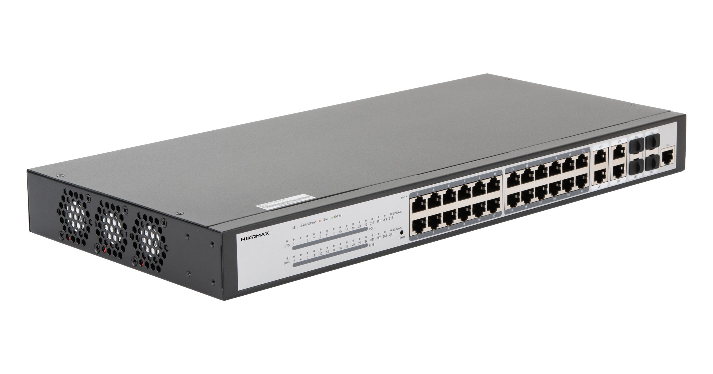 Управляемый L2 PoE коммутатор NIKOMAX 24 Base-T 1000Mb/s портов (802.3af/at), 4 Base-X SFP 1000Mb/s. 1U 19'', 220V, суммарная мощность 400W — фото