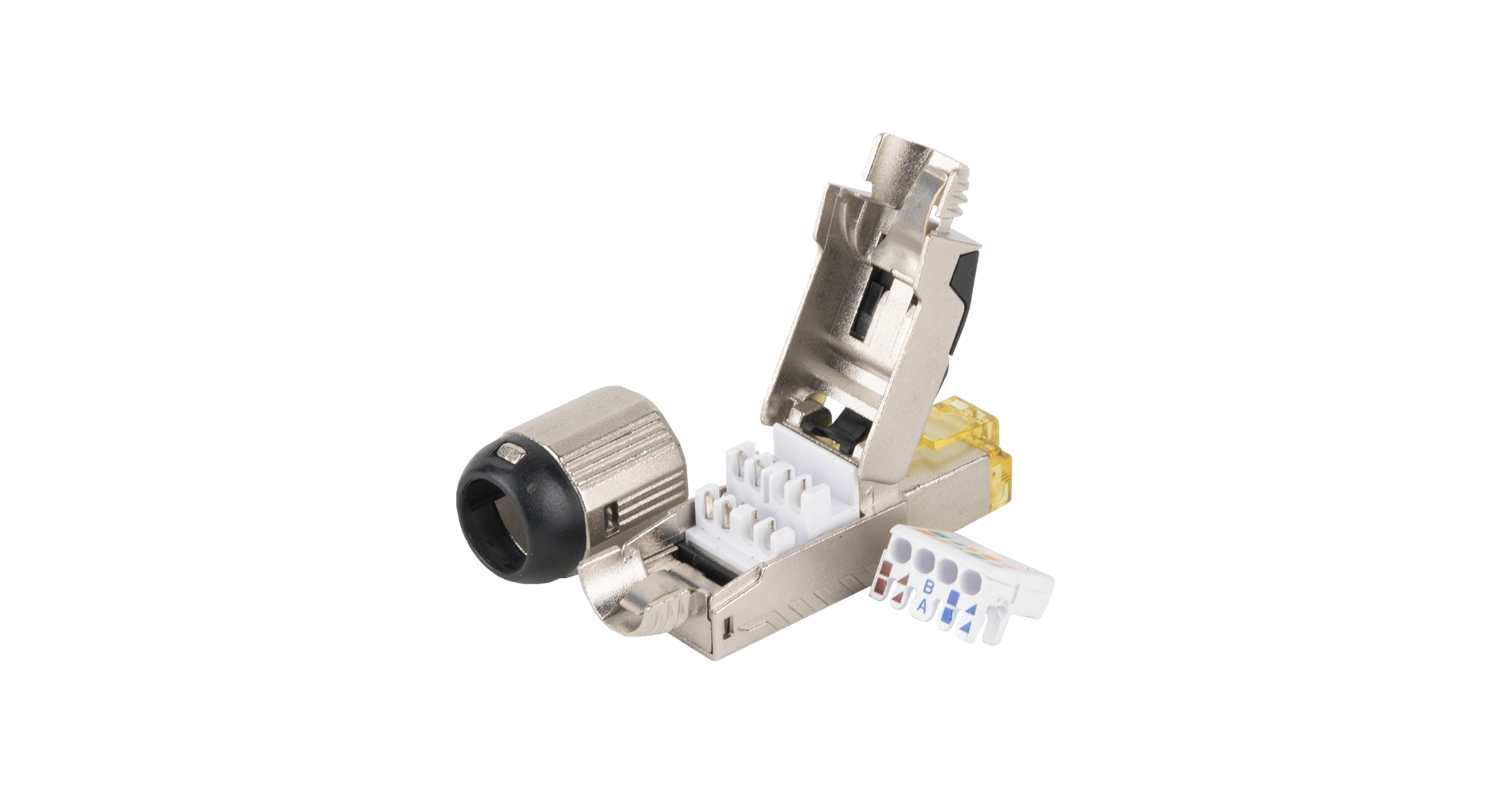 Полевой коннектор RJ45/8P8C NIKOMAX серии Premium, Кат.8 (Класс I), 2000МГц, покрытие 50мкд, универсальные ножи, T568B, самозажимной, компактный, полный экран, металлик — фото