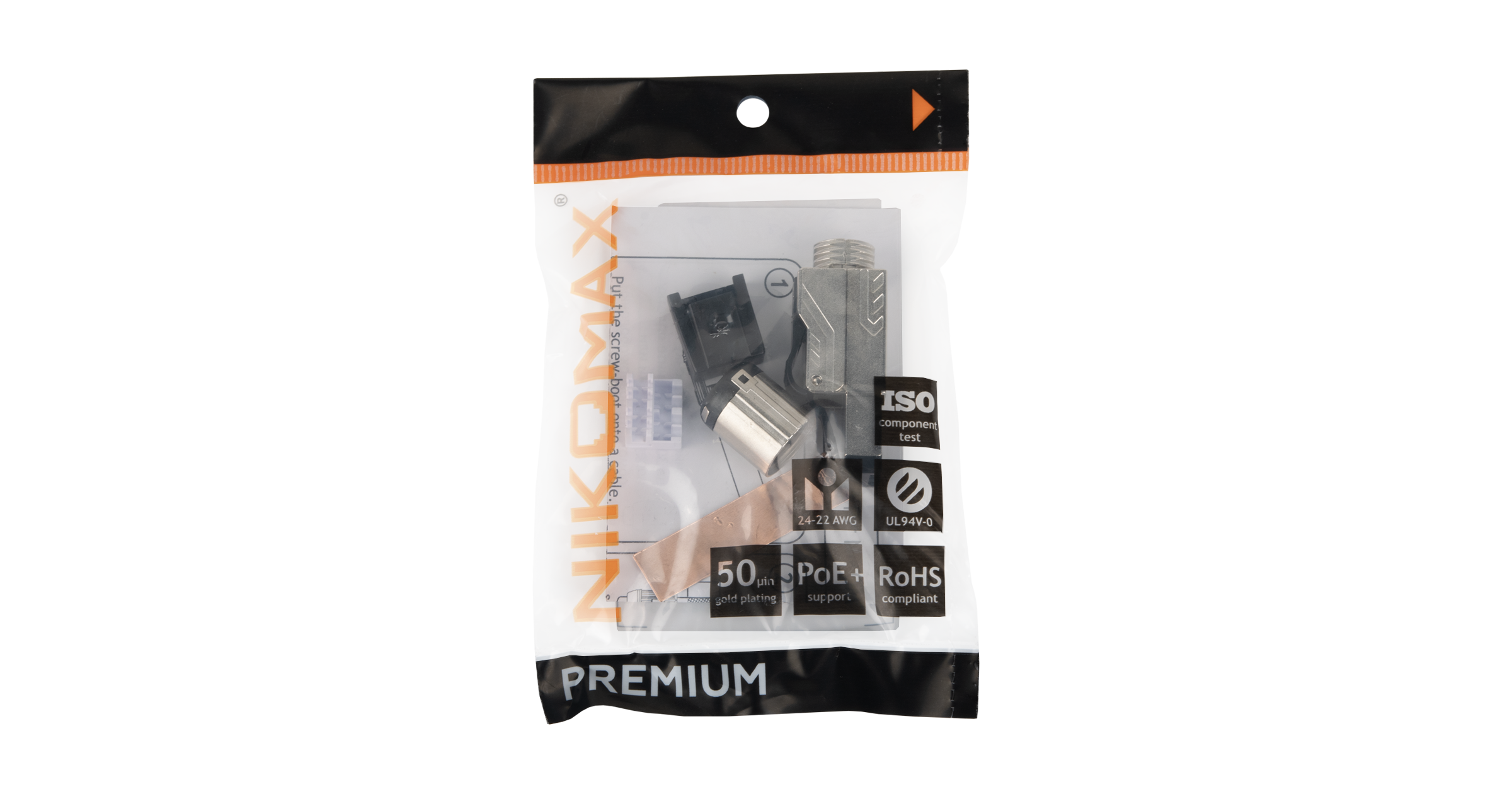 Полевой коннектор RJ45/8P8C NIKOMAX серии Premium, Кат.8 (Класс I), 2000МГц, покрытие 50мкд, универсальные ножи, T568B, самозажимной, компактный, полный экран, металлик — фото