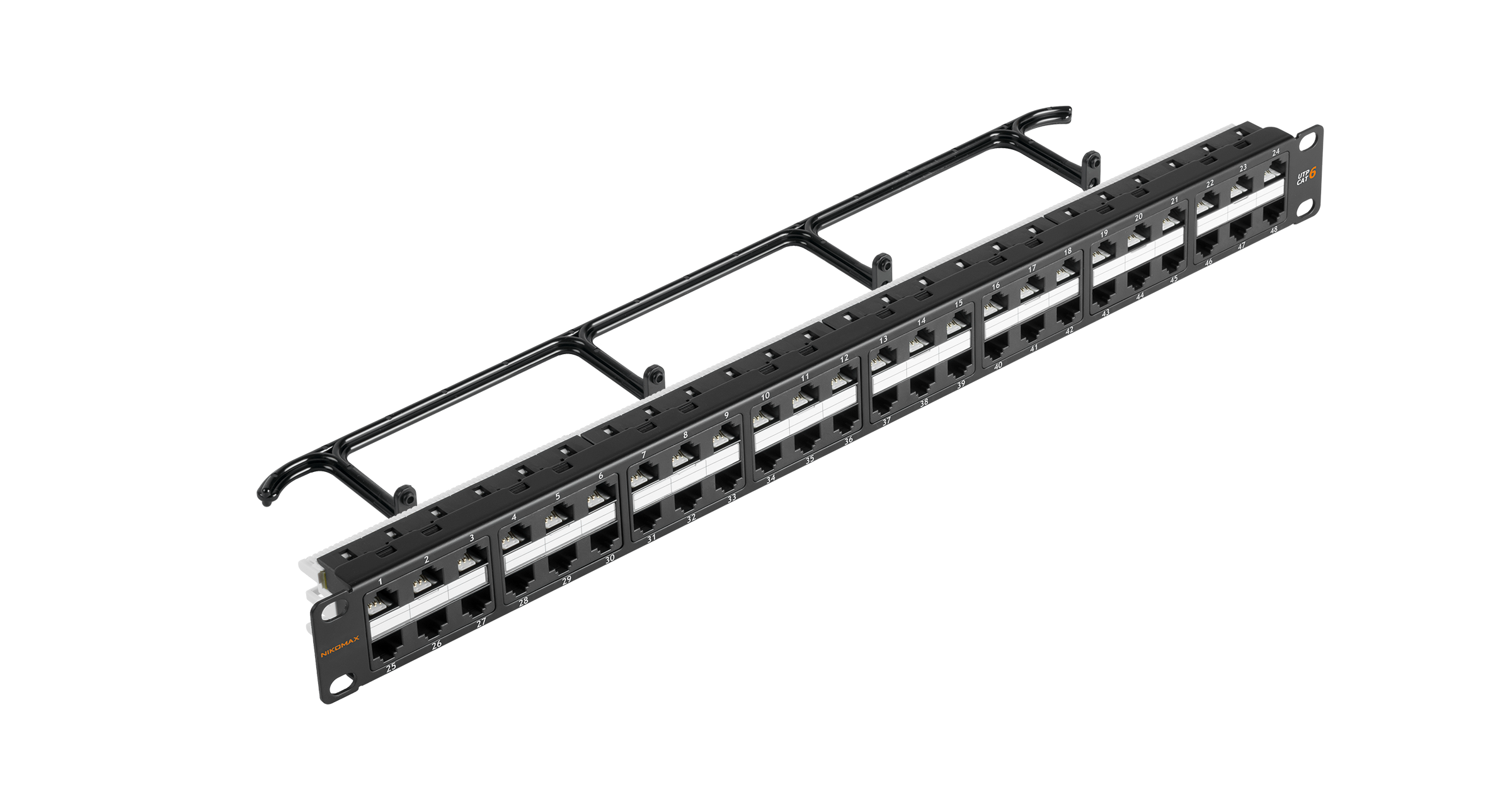 Коммутационная панель NIKOMAX 19", 1U, 48 портов, Кат.6 (Класс E), 250МГц, RJ45/8P8C, 110/KRONE, T568A/B, неэкранированная, с органайзером, черная - гарантия: 5 лет расширенная / 25 лет системная — фото