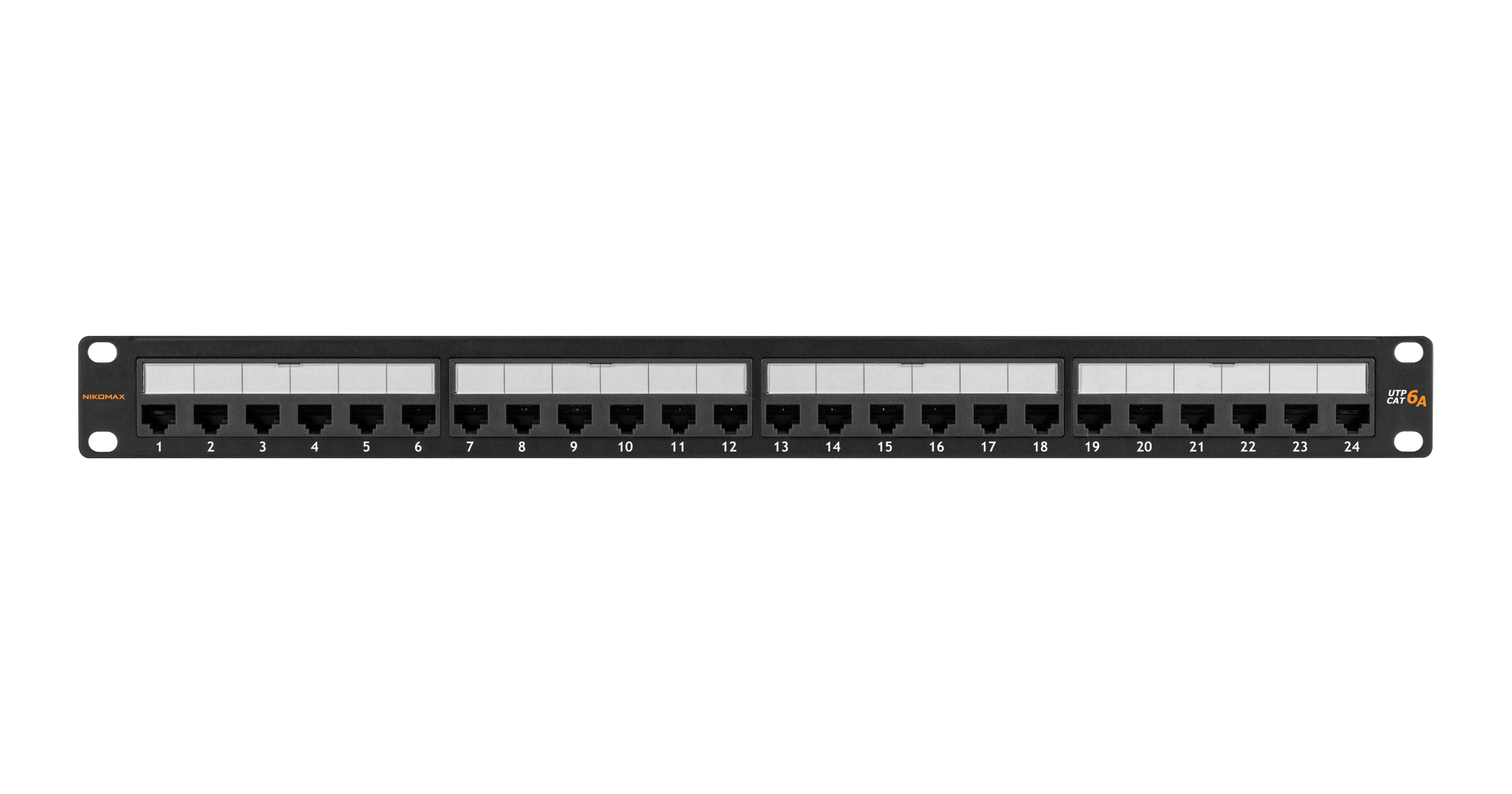 Коммутационная панель NIKOMAX 19", 1U, 24 порта, Кат.6a (Класс Ea), 500МГц, RJ45/8P8C, 110/KRONE, T568A/B, неэкранированная, с органайзером, черная - гарантия: 5 лет расширенная / 25 лет системная — фото