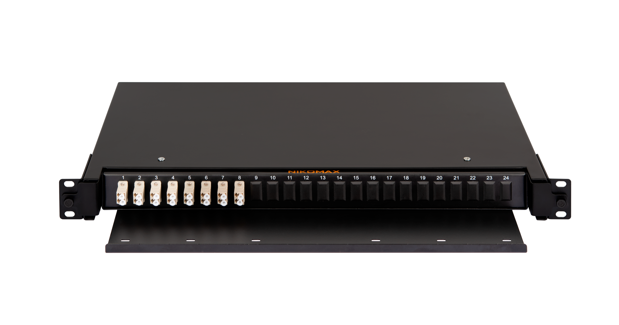 Оптический кросс NIKOMAX 19" Premium Line, 1U, укомплектованный на 16 портов LC/UPC (8 двойных LC/UPC адаптеров), MM 50/125 OM2, выдвижной, с полкой,  черный, в комплекте: адаптеры, монтажные шнуры 1м, сплайс-кассета с крышкой, гильзы, заглушки — фото
