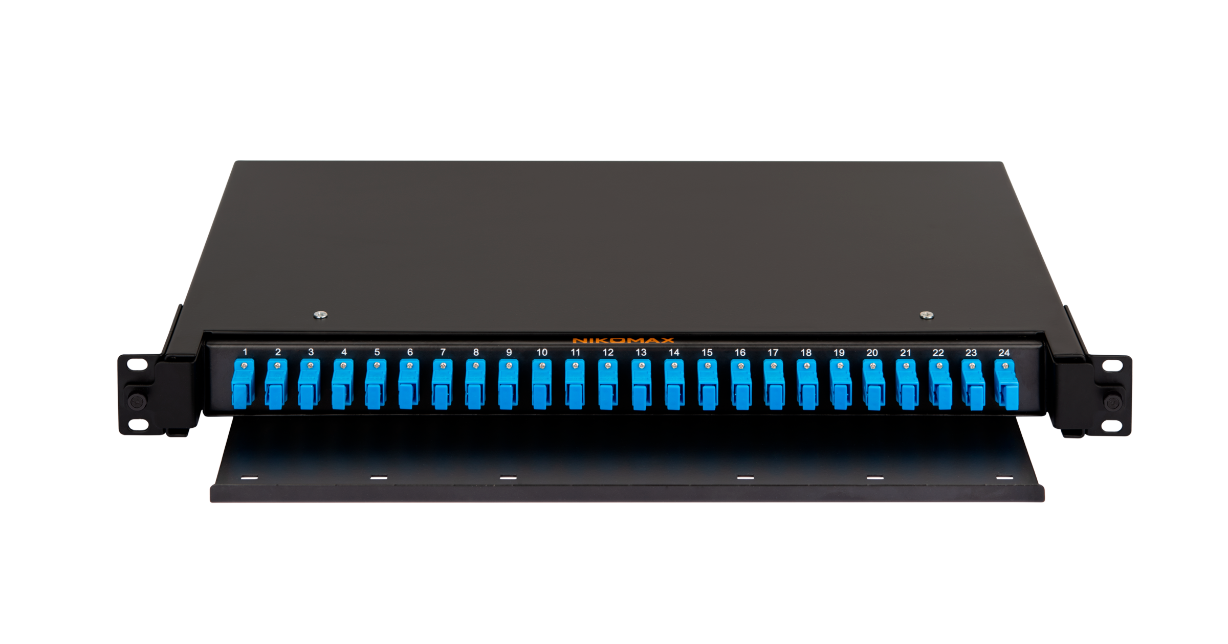 Оптический кросс NIKOMAX 19" Premium Line, 1U, укомплектованный на 24 порта SC/UPC (24 одинарных SC/UPC адаптера), SM 9/125 OS2, выдвижной, со съёмной полкой, черный, в комплекте: адаптеры, монтажные шнуры 1м, сплайс-кассета с крышкой, гильзы — фото