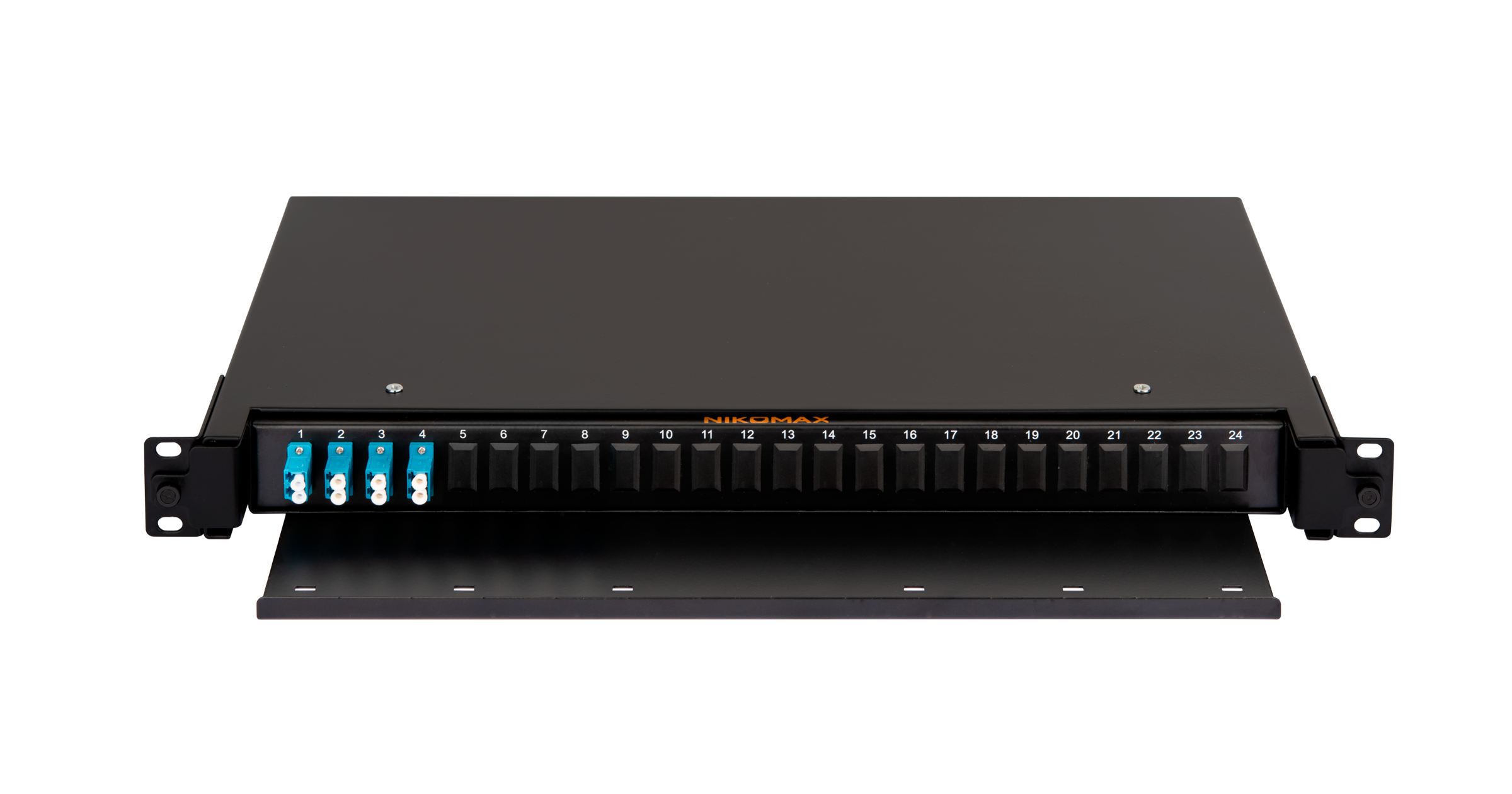 Оптический кросс NIKOMAX 19" Premium Line, 1U, укомплектованный на 8 портов LC/UPC (4 двойных LC/UPC адаптера), SM 9/125 OS2, выдвижной, с полкой,  черный, в комплекте: адаптеры, монтажные шнуры 1м, сплайс-кассета с крышкой, гильзы, заглушки — фото