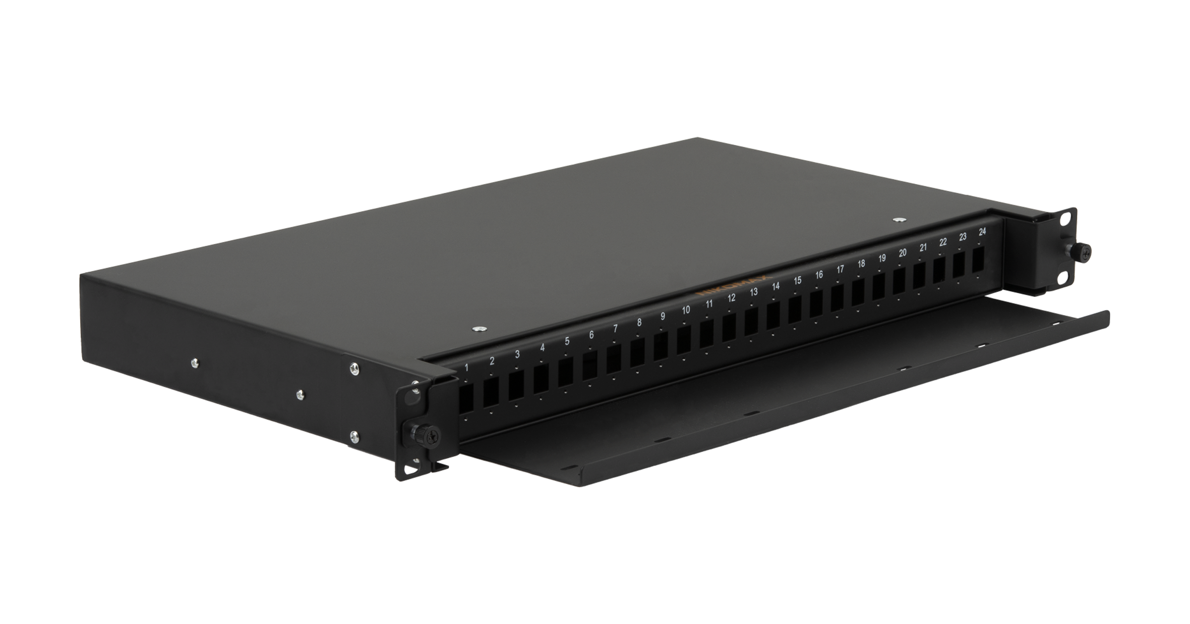 Оптический кросс NIKOMAX 19" Premium Line, 1U, укомплектованный на 16 портов LC/UPC (8 двойных LC/UPC адаптеров), SM 9/125 OS2, выдвижной, с полкой,  черный, в комплекте: адаптеры, монтажные шнуры 1м, сплайс-кассета с крышкой, гильзы, заглушки — фото