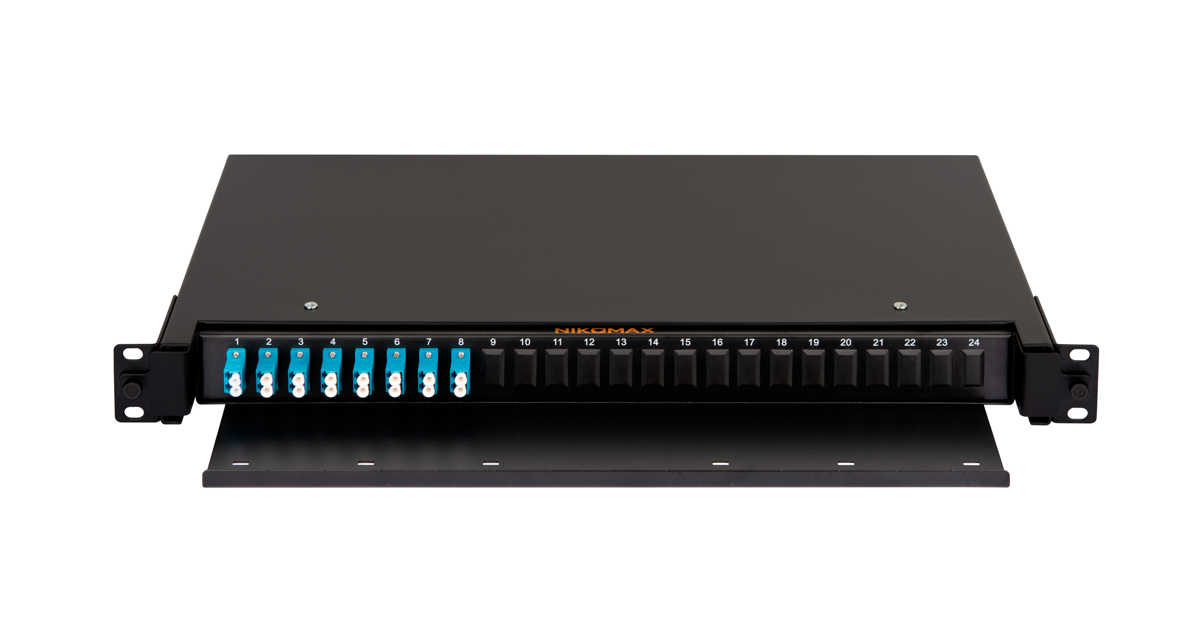 Оптический кросс NIKOMAX 19" Premium Line, 1U, укомплектованный на 16 портов LC/UPC (8 двойных LC/UPC адаптеров), SM 9/125 OS2, выдвижной, с полкой,  черный, в комплекте: адаптеры, монтажные шнуры 1м, сплайс-кассета с крышкой, гильзы, заглушки — фото