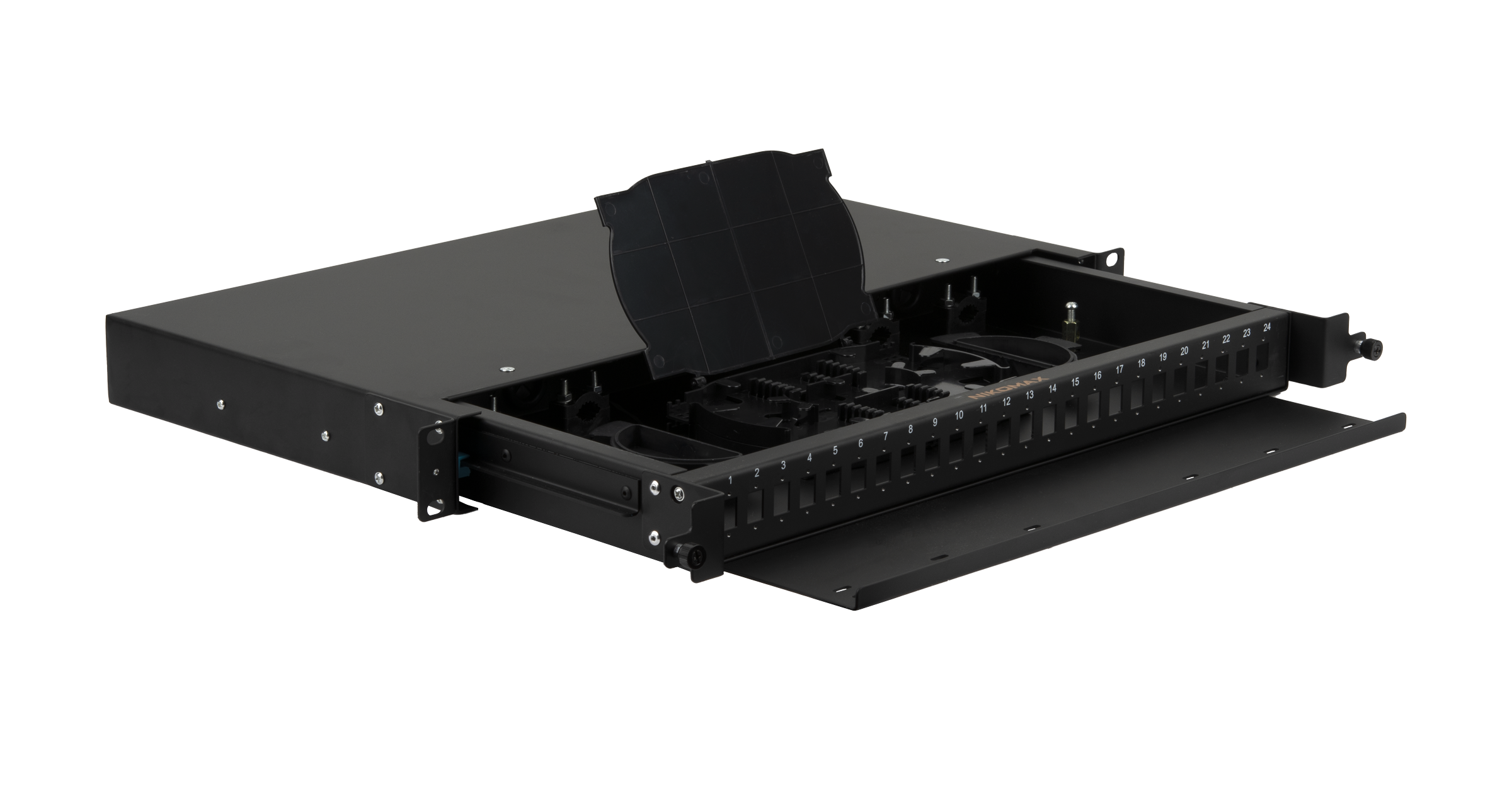 Оптический кросс NIKOMAX 19" Premium Line, 1U, укомплектованный на 24 порта LC/UPC (12 двойных LC/UPC адаптеров), SM 9/125 OS2, выдвижной, с полкой,  черный, в комплекте: адаптеры, монтажные шнуры 1м, сплайс-кассета с крышкой, гильзы, заглушки — фото