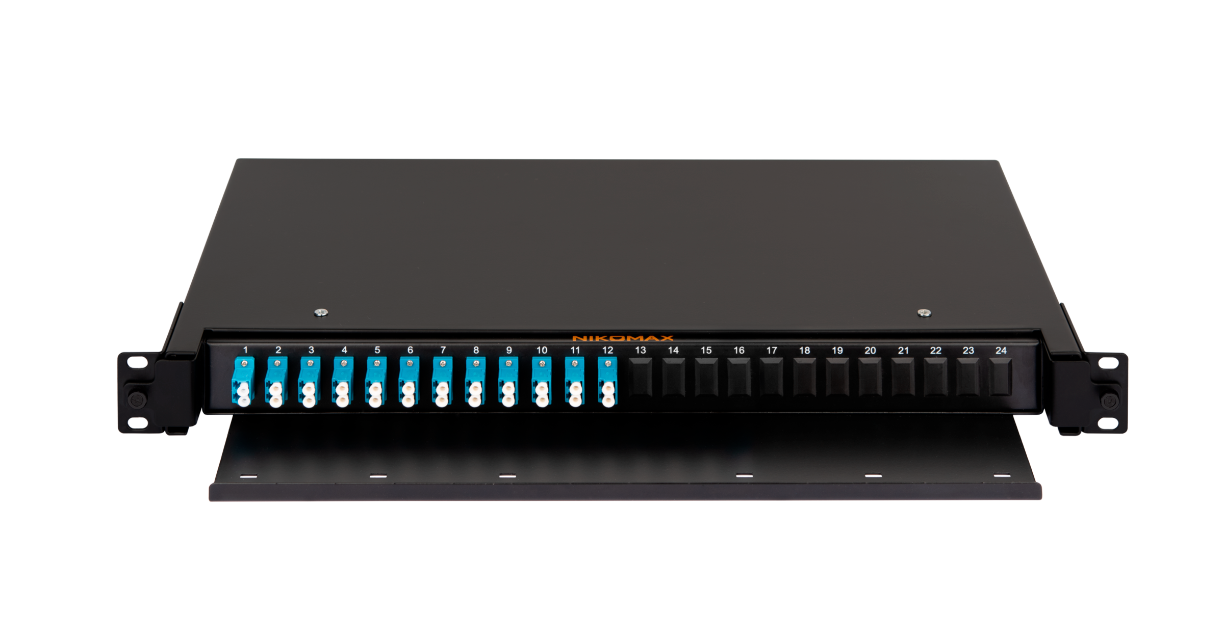 Оптический кросс NIKOMAX 19" Premium Line, 1U, укомплектованный на 24 порта LC/UPC (12 двойных LC/UPC адаптеров), SM 9/125 OS2, выдвижной, с полкой,  черный, в комплекте: адаптеры, монтажные шнуры 1м, сплайс-кассета с крышкой, гильзы, заглушки — фото