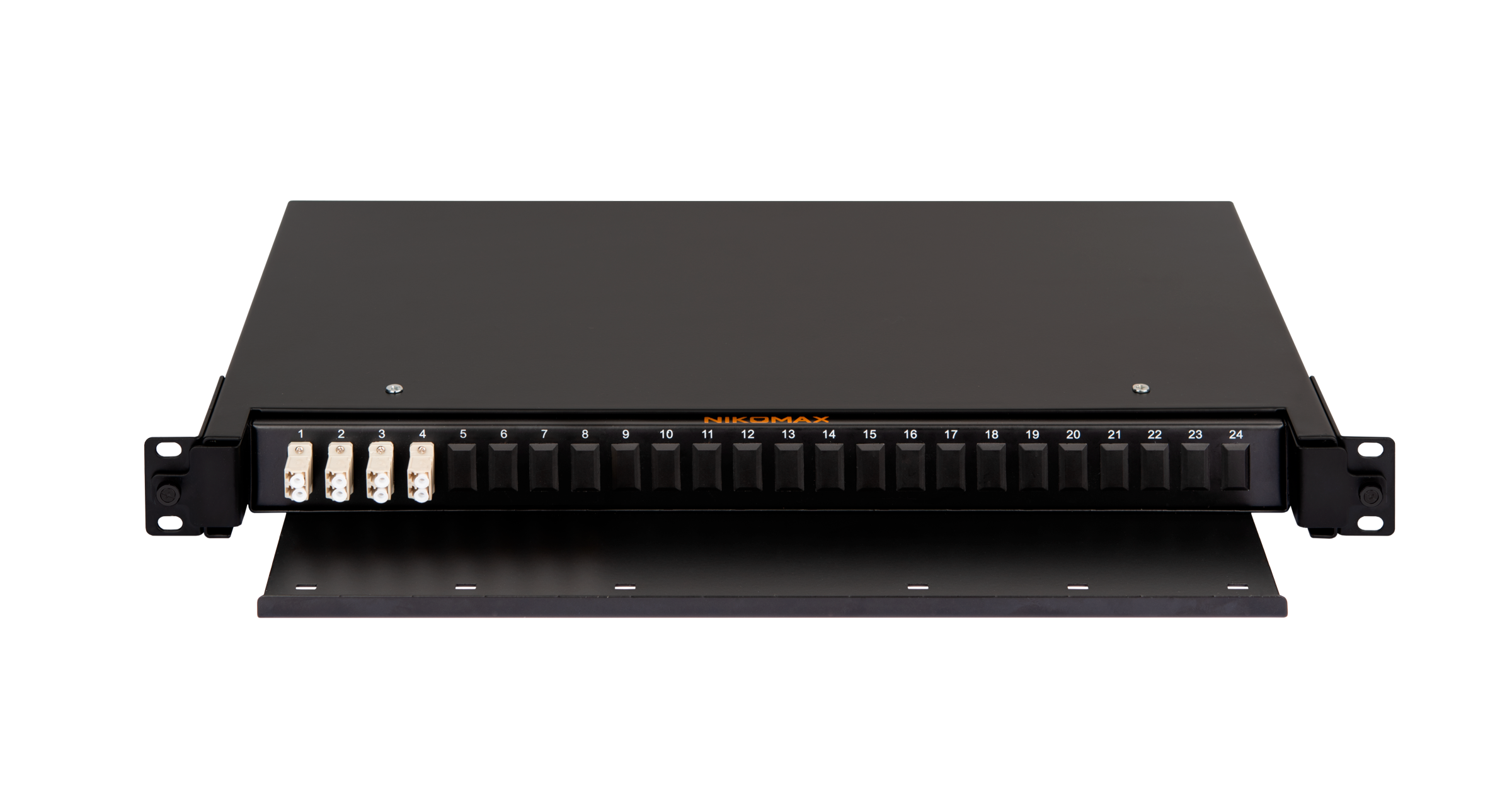 Оптический кросс NIKOMAX 19" Premium Line, 1U, укомплектованный на 8 портов LC/UPC (4 двойных LC/UPC адаптера), MM 50/125 OM2, выдвижной, с полкой,  черный, в комплекте: адаптеры, монтажные шнуры 1м, сплайс-кассета с крышкой, гильзы, заглушки — фото