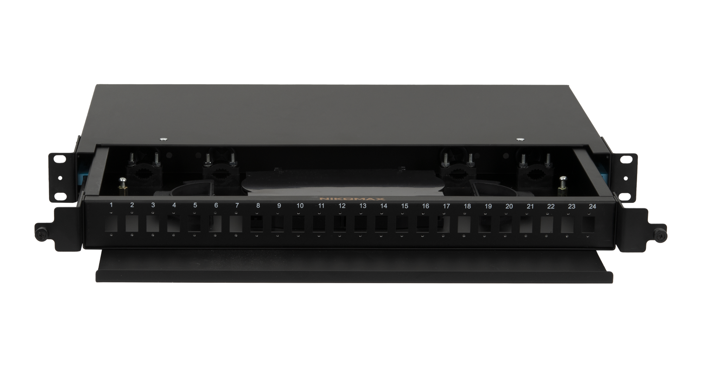 Оптический кросс NIKOMAX 19" Premium Line, 1U, укомплектованный на 8  портов SC/UPC (8 одинарных SC/UPC адаптеров) SM 9/125 OS2, выдвижной, со съёмной полкой,  черный, в комплекте: адаптеры, монтажные шнуры 1м, сплайс-кассета с крышкой, гильзы, заглушки — фото