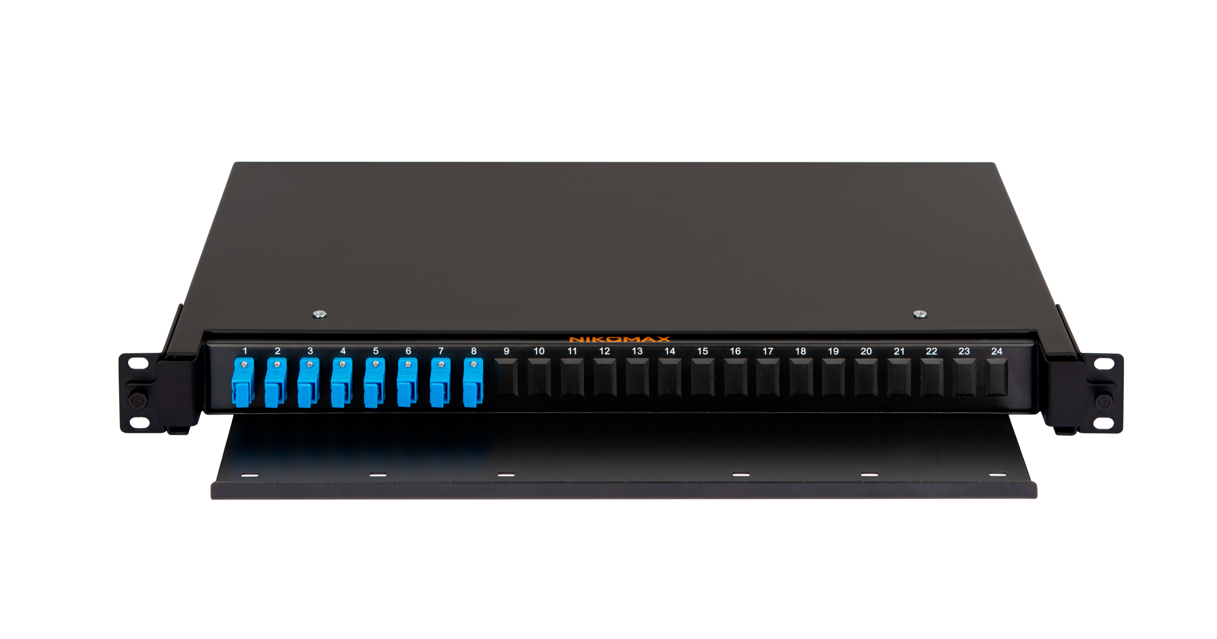 Оптический кросс NIKOMAX 19" Premium Line, 1U, укомплектованный на 8  портов SC/UPC (8 одинарных SC/UPC адаптеров) SM 9/125 OS2, выдвижной, со съёмной полкой,  черный, в комплекте: адаптеры, монтажные шнуры 1м, сплайс-кассета с крышкой, гильзы, заглушки — фото