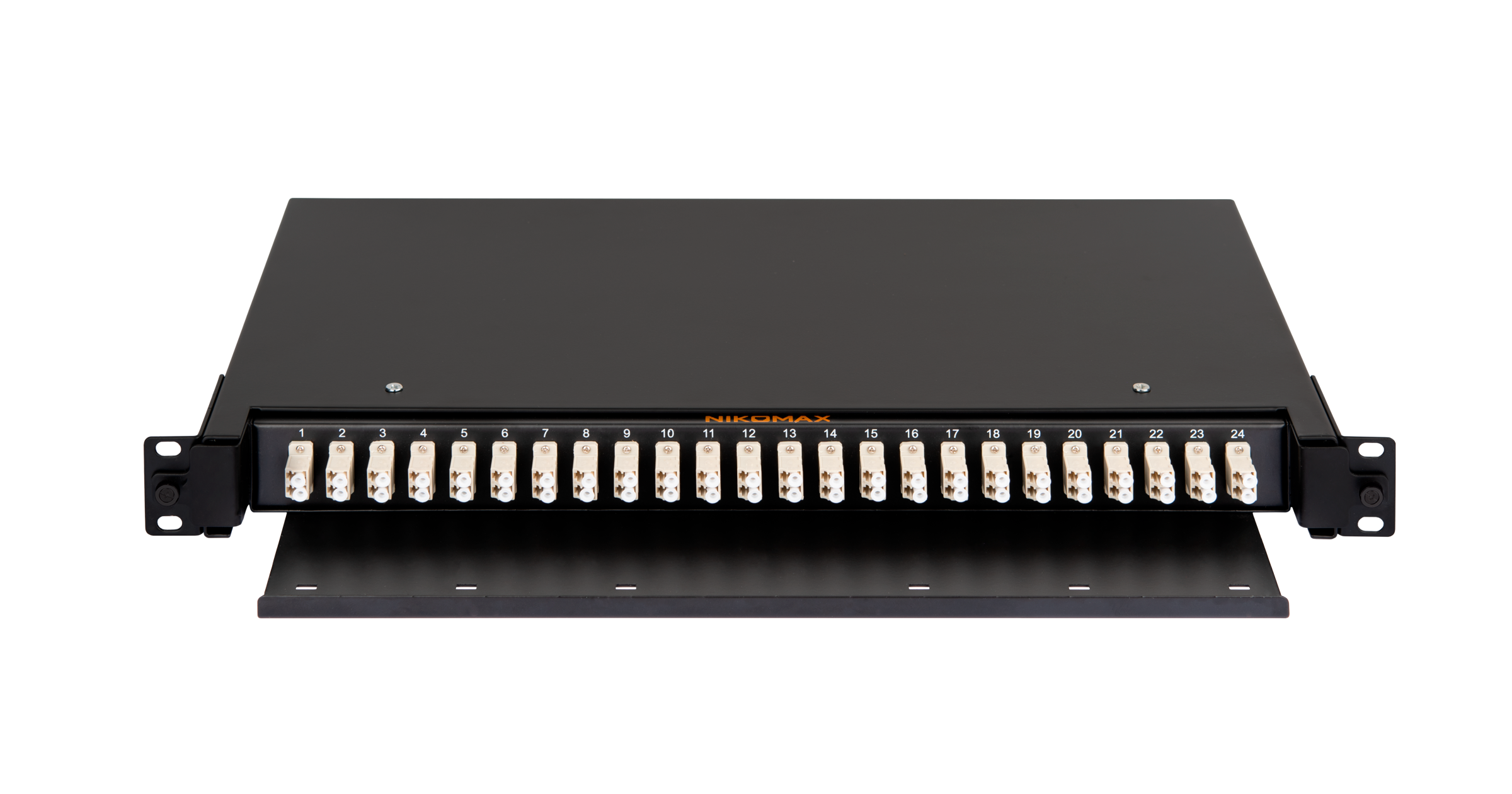 Оптический кросс NIKOMAX 19" Premium Line, 1U, укомплектованный на 48 портов LC/UPC (24 двойных LC/UPC адаптеров), MM 50/125 OM2, выдвижной, с полкой,  черный, в комплекте: адаптеры, монтажные шнуры 1м, сплайс-кассета с крышкой, гильзы — фото
