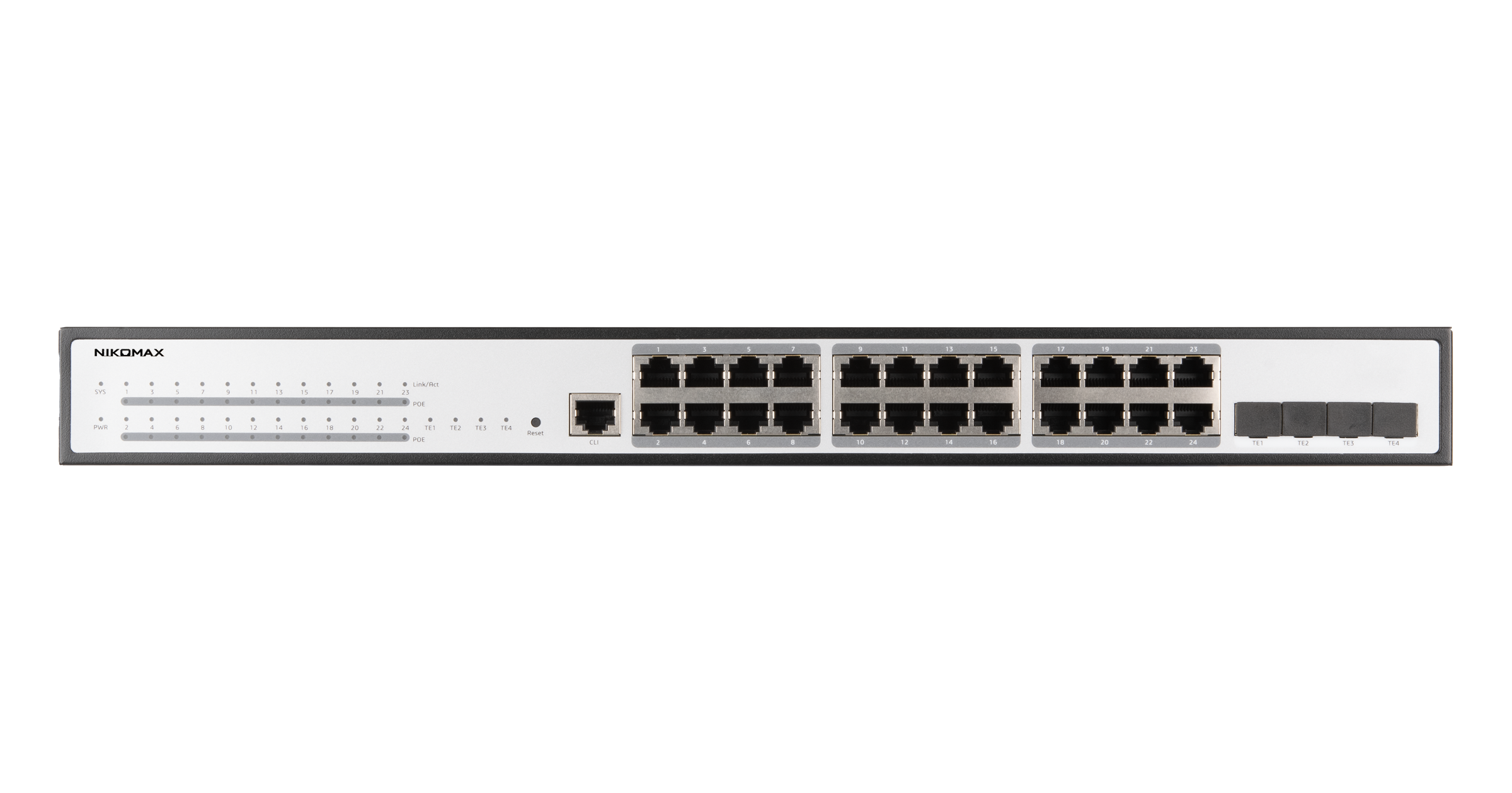 Управляемый коммутатор L3 Stack POE NIKOMAX 24 BASE-TX 10/100/1000Mb/s POE, 4 1/10G SFP+, 1 Console. 1U 19", 220V, 400W — фото