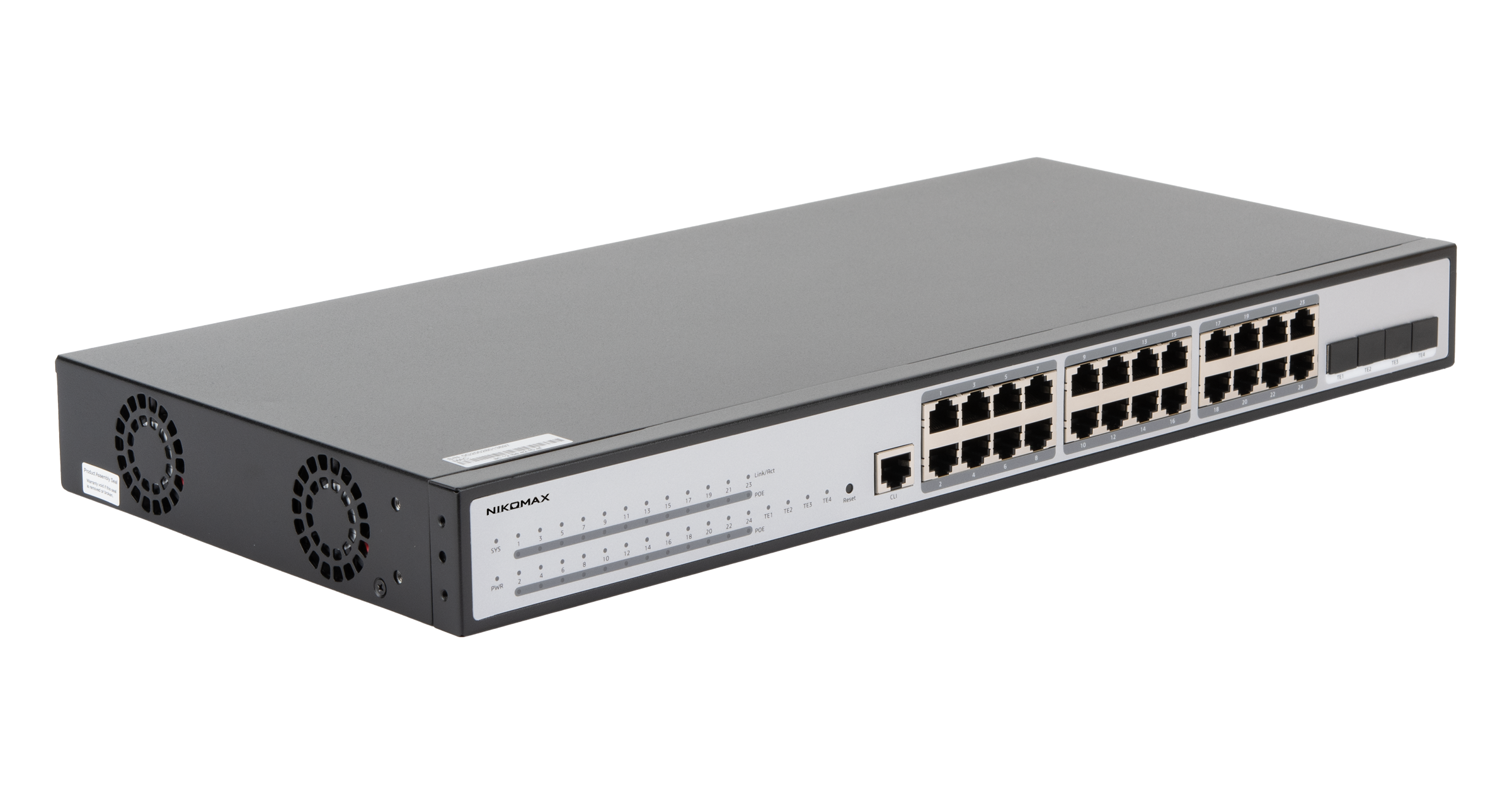 Управляемый коммутатор L3 Stack POE NIKOMAX 24 BASE-TX 10/100/1000Mb/s POE, 4 1/10G SFP+, 1 Console. 1U 19", 220V, 400W — фото