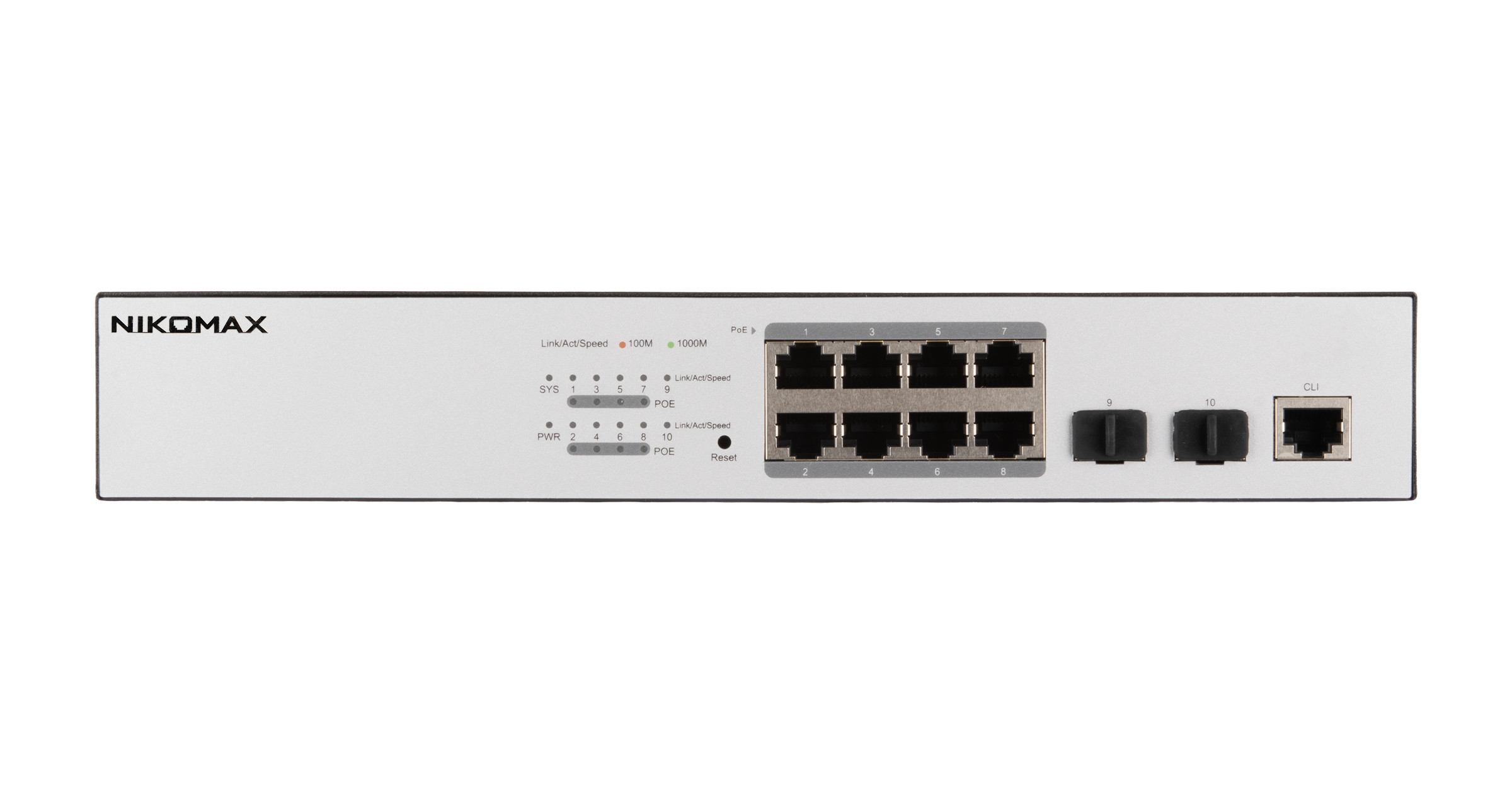 Управляемый L2 PoE коммутатор NIKOMAX 8 Base-T 10/100/1000Mb/s портов, 2 Base-X SFP 1000Mb/s. 1U 19'', 220В, бюджет PoE 130Вт, блок питания 150Вт — фото