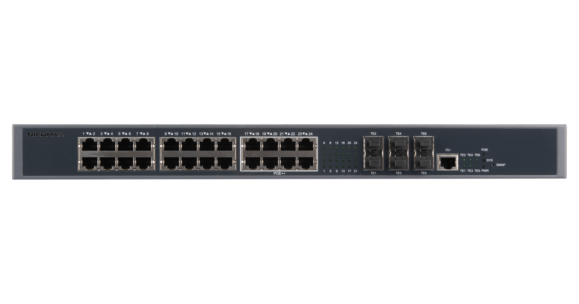 Управляемый коммутатор L3 PoE NIKOMAX, Stack, 24*1/2.5 Гбит/с PoE (8 портов 802.3BT, 16 портов 802.3at), 6*1/10Гбит/с SFP+, PoE 740Вт — фото