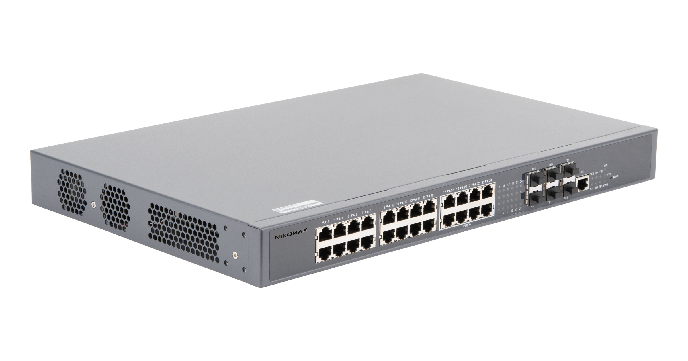Управляемый коммутатор L3 PoE NIKOMAX, Stack, 24*1/2.5 Гбит/с PoE (8 портов 802.3BT, 16 портов 802.3at), 6*1/10Гбит/с SFP+, PoE 740Вт — фото