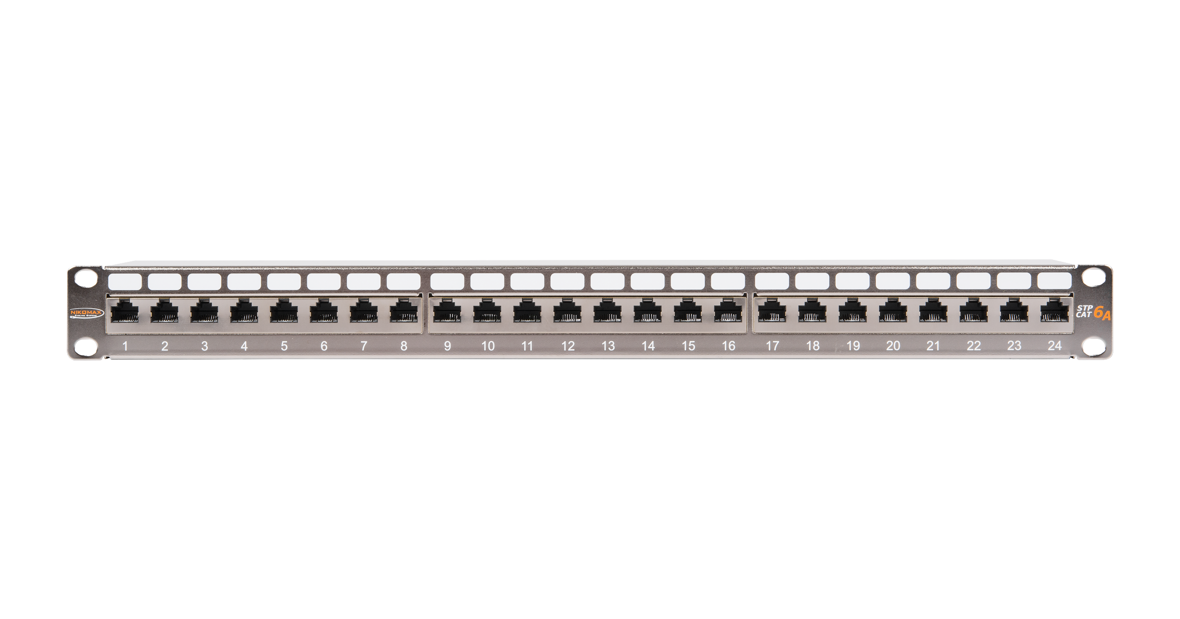Коммутационная панель NIKOMAX 19", 1U, 24 порта, Кат.6a (Класс Ea), 500МГц, RJ45/8P8C, 110/KRONE, T568B, полный экран, с органайзером, металлик - гарантия: 5 лет расширенная / 25 лет системная — фото