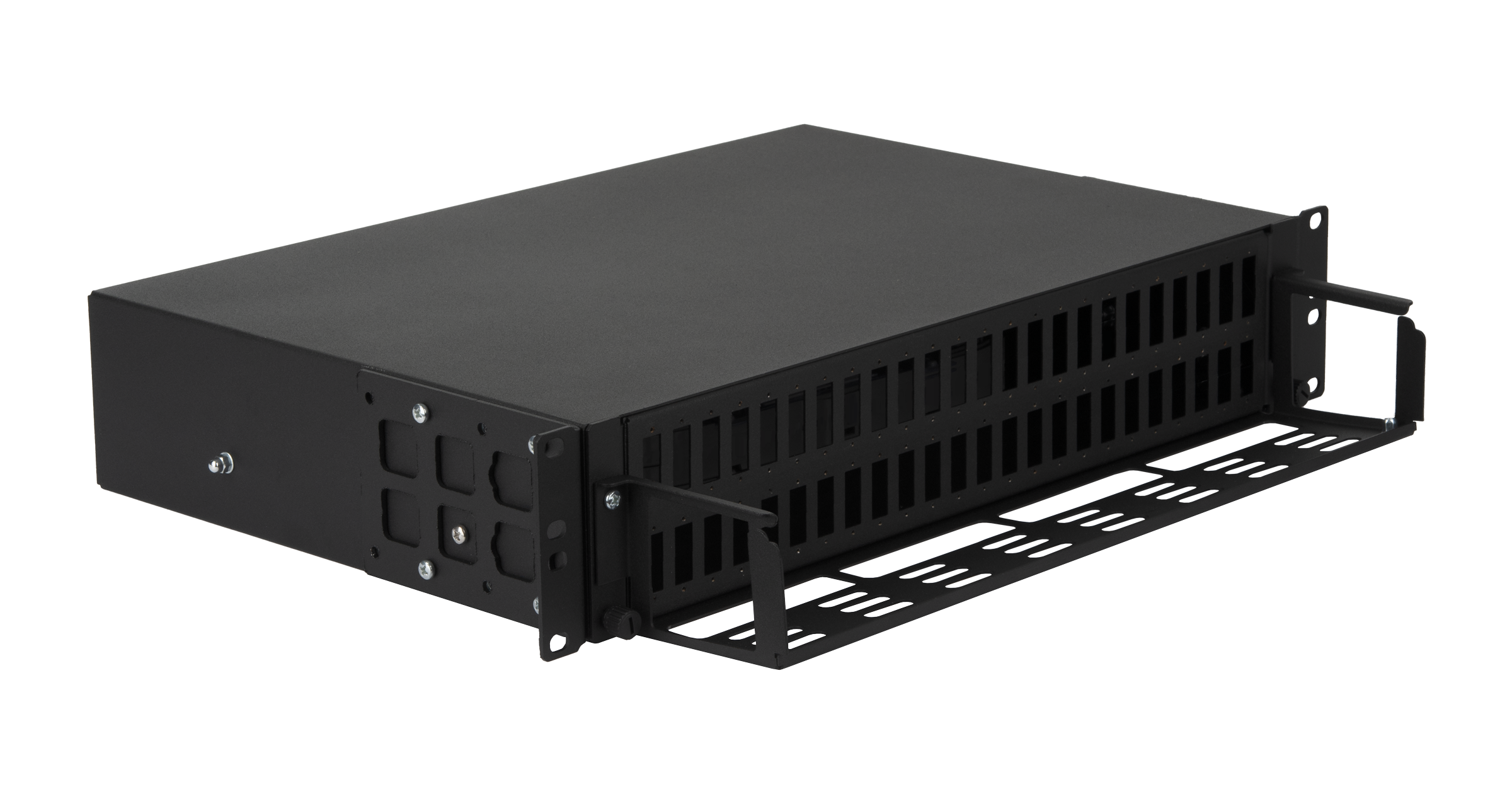Оптический кросс NIKOMAX 19" Premium Line, 2U, до 96 SC (48 Duplex SC адаптеров) или 192 LC (48 Quadro LC адаптеров) портов, выдвижной, со съёмной полкой, черный — фото