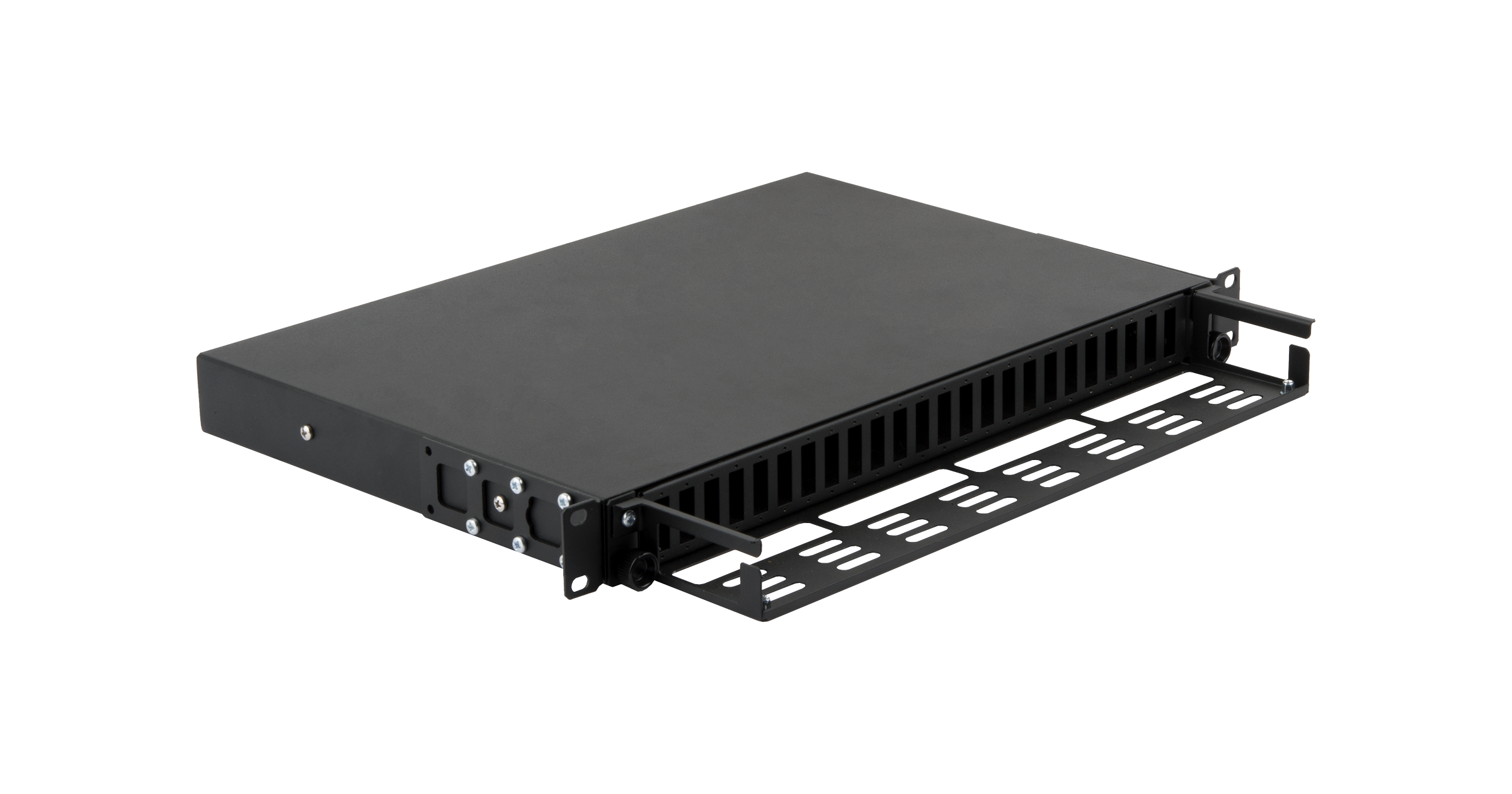 Оптический кросс NIKOMAX 19" Premium Line, 1U, до 48 SC (24 Duplex SC адаптера) порта или 96 LC (24 Quadro LC адаптера) портов, выдвижной, со съёмной полкой, черный — фото