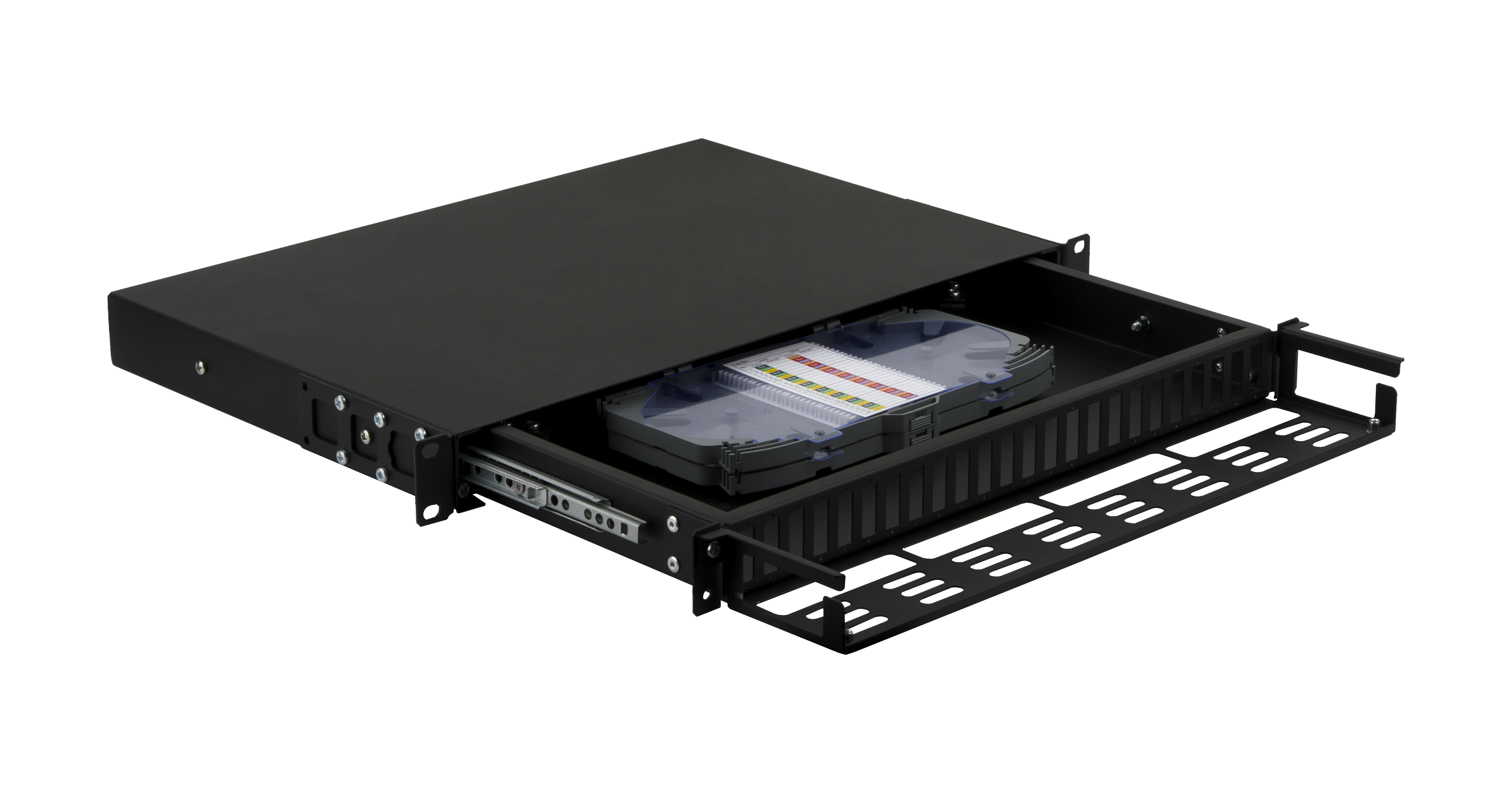 Оптический кросс NIKOMAX 19" Premium Line, 1U, до 48 SC (24 Duplex SC адаптера) порта или 96 LC (24 Quadro LC адаптера) портов, выдвижной, со съёмной полкой, черный — фото
