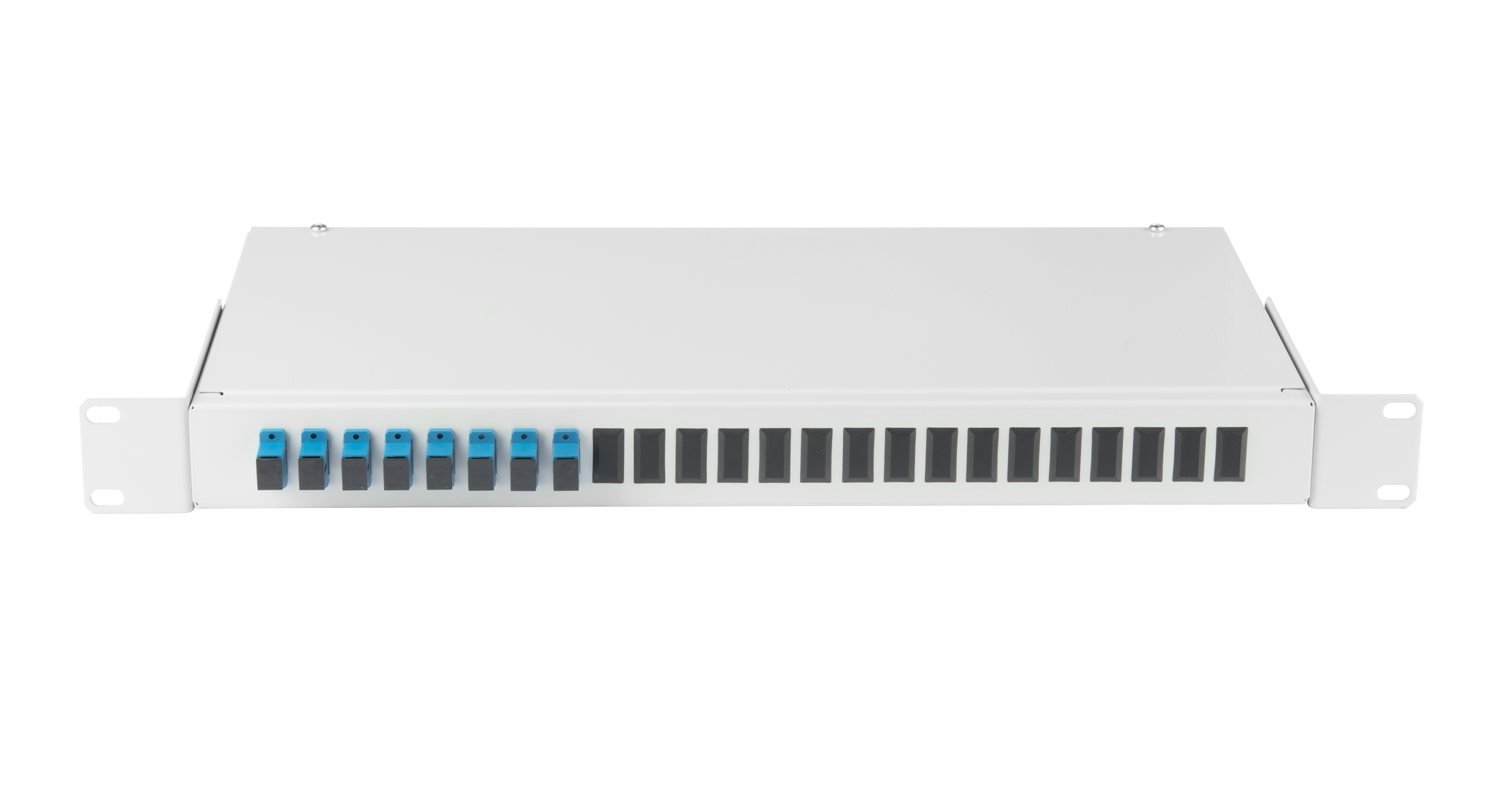 Оптический кросс NIKOMAX 19" Essential Line, 1U, укомплектованный на 8 портов SC/UPC (8 одинарных SC/UPC адаптеров), SM 9/125 OS2, стальной, серый, в комплекте: адаптеры, монтажные шнуры 1м, сплайс-кассета с крышкой, гильзы, заглушки