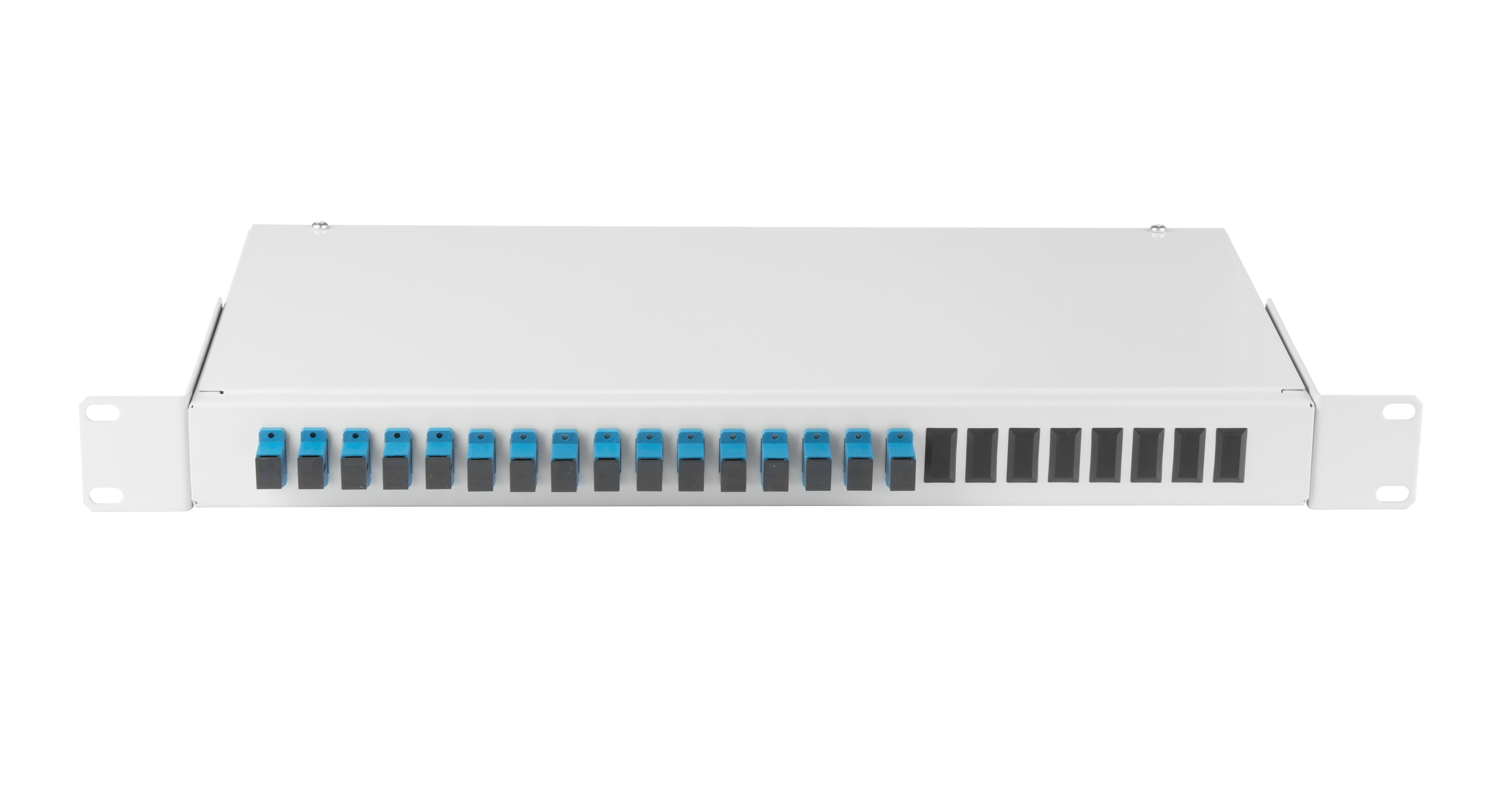 Оптический кросс NIKOMAX 19" Essential Line, 1U, укомплектованный на 16 портов SC/UPC (16 одинарных SC/UPC адаптеров), SM 9/125 OS2, стальной, серый, в комплекте: адаптеры, монтажные шнуры 1м, сплайс-кассета с крышкой, гильзы, заглушки