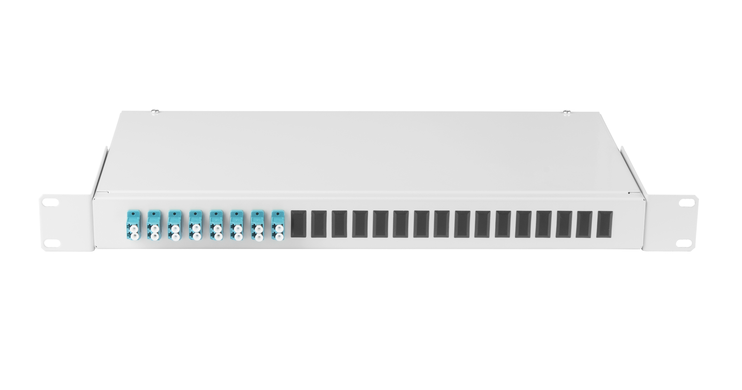 Оптический кросс NIKOMAX 19" Essential Line, 1U, укомплектованный на 16 портов LC/UPC (8 двойных LC/UPC адаптеров), SM 9/125 OS2, стальной, серый, в комплекте: адаптеры, монтажные шнуры 1м, сплайс-кассета с крышкой, гильзы, заглушки