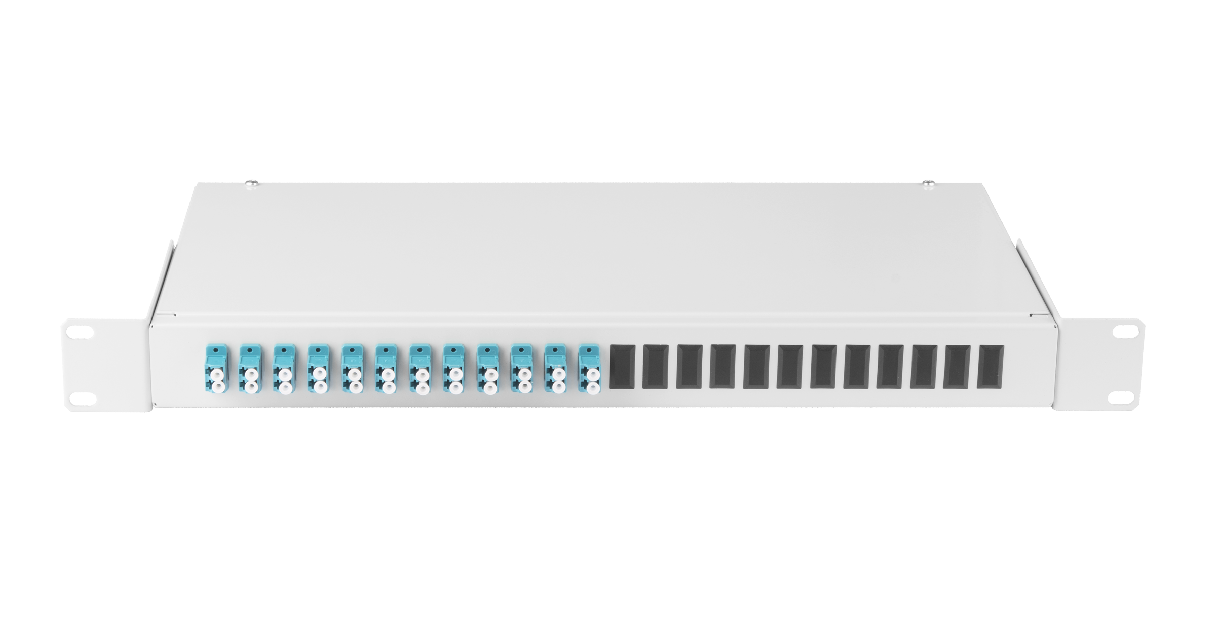 Оптический кросс NIKOMAX 19" Essential Line, 1U, укомплектованный на 24 порта LC/UPC (12 двойных LC/UPC адаптеров), SM 9/125 OS2, стальной, серый, в комплекте: адаптеры, монтажные шнуры 1м, сплайс-кассета с крышкой, гильзы, заглушки