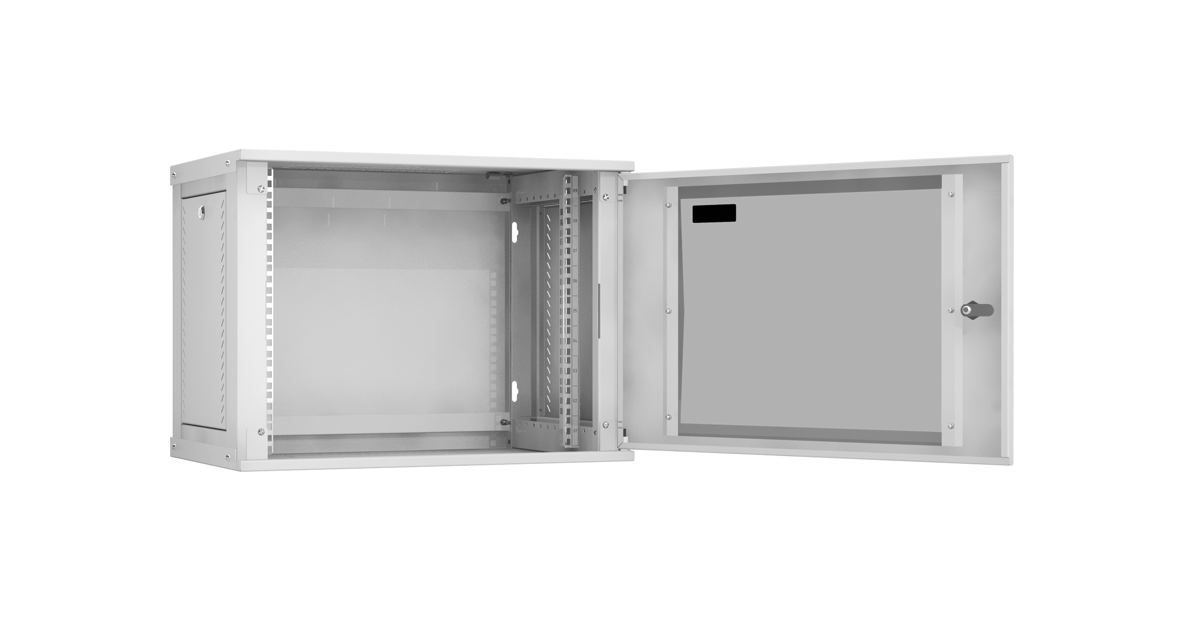 Настенный разборный шкаф NIKOMAX Essential Line 19", 9U, стеклянная дверь, Ш600хВ436хГ350мм, 1 пара монтажных направляющих, серый — фото