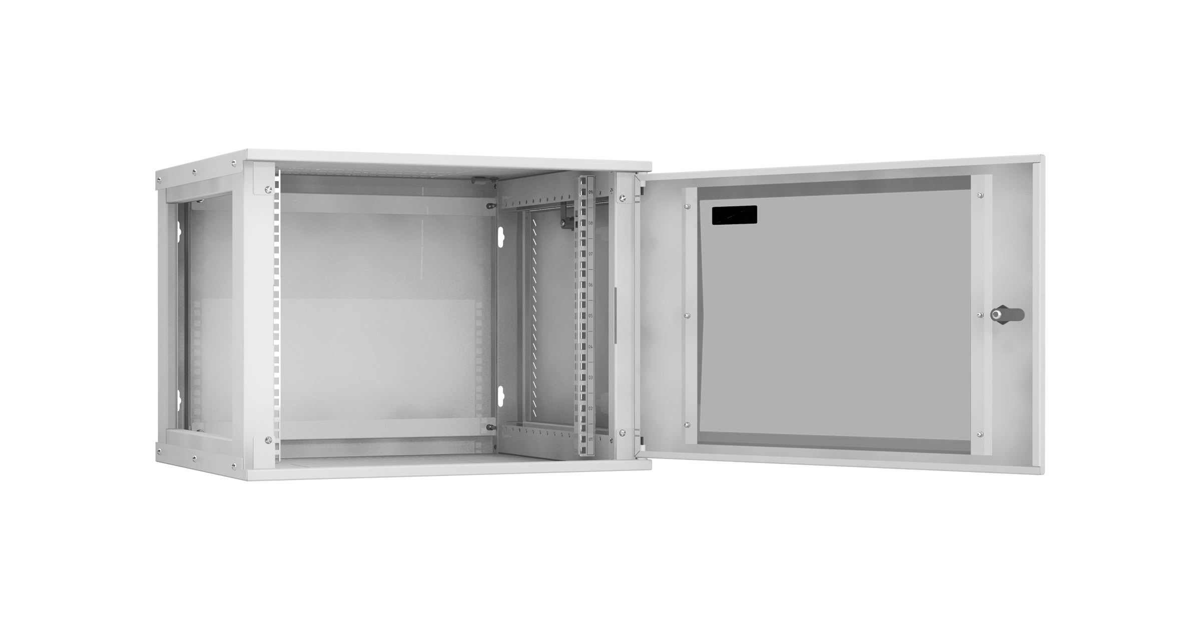 Настенный разборный шкаф NIKOMAX Essential Line 19", 9U, стеклянная дверь, Ш600хВ436хГ450мм, 1 пара монтажных направляющих, серый — фото
