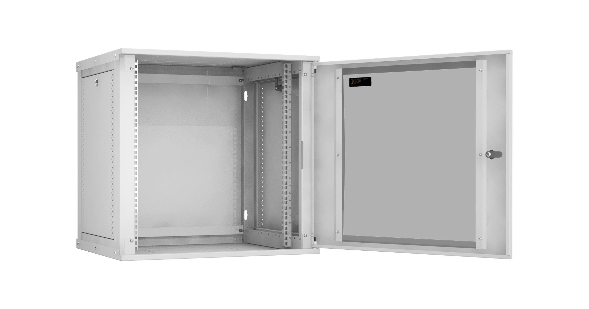 Настенный разборный шкаф NIKOMAX Essential Line 19", 12U, стеклянная дверь, Ш600хВ569хГ450мм, 1 пара монтажных направляющих, серый — фото