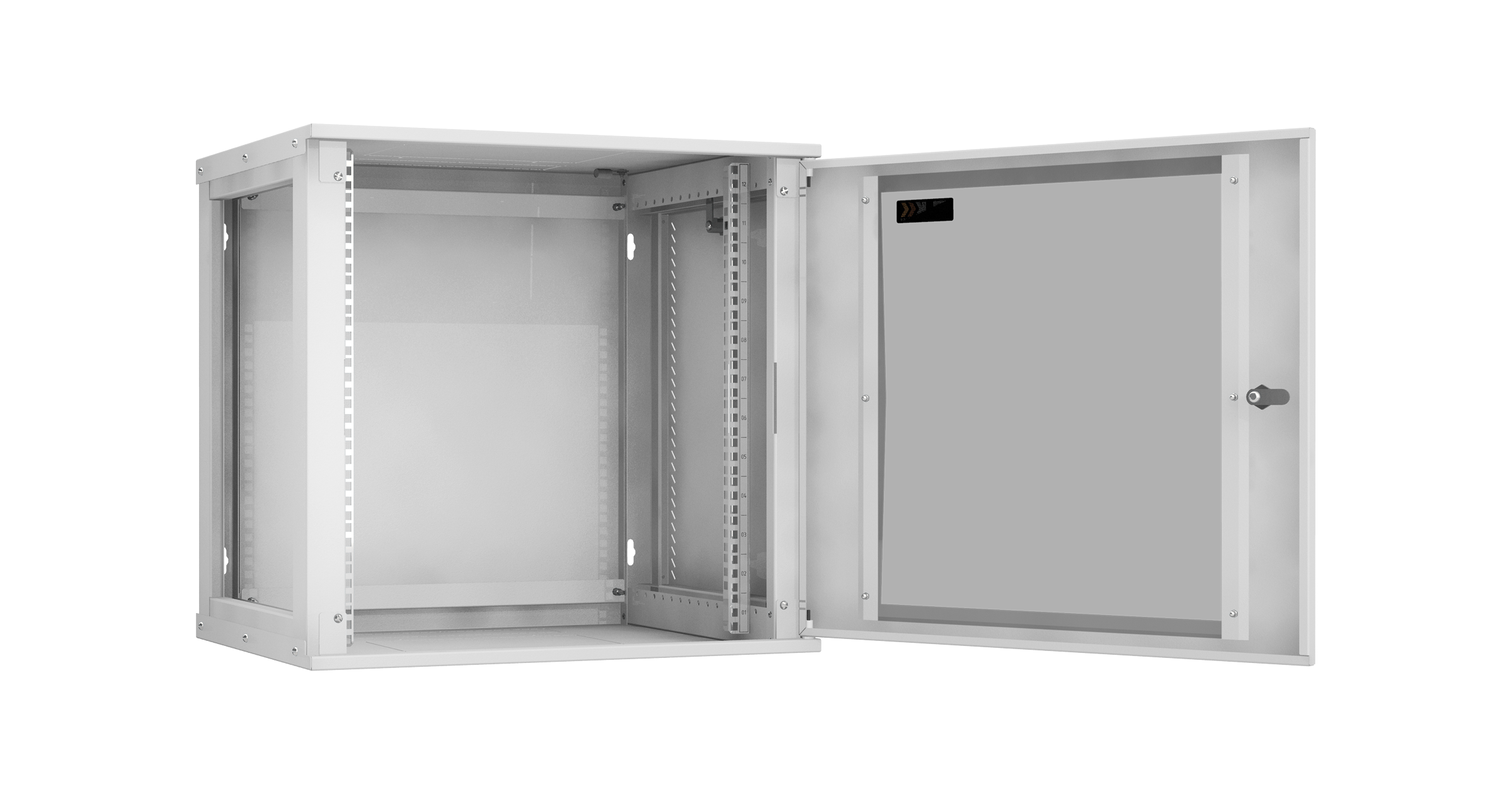 Настенный разборный шкаф NIKOMAX Essential Line 19", 12U, стеклянная дверь, Ш600хВ569хГ450мм, 1 пара монтажных направляющих, серый — фото