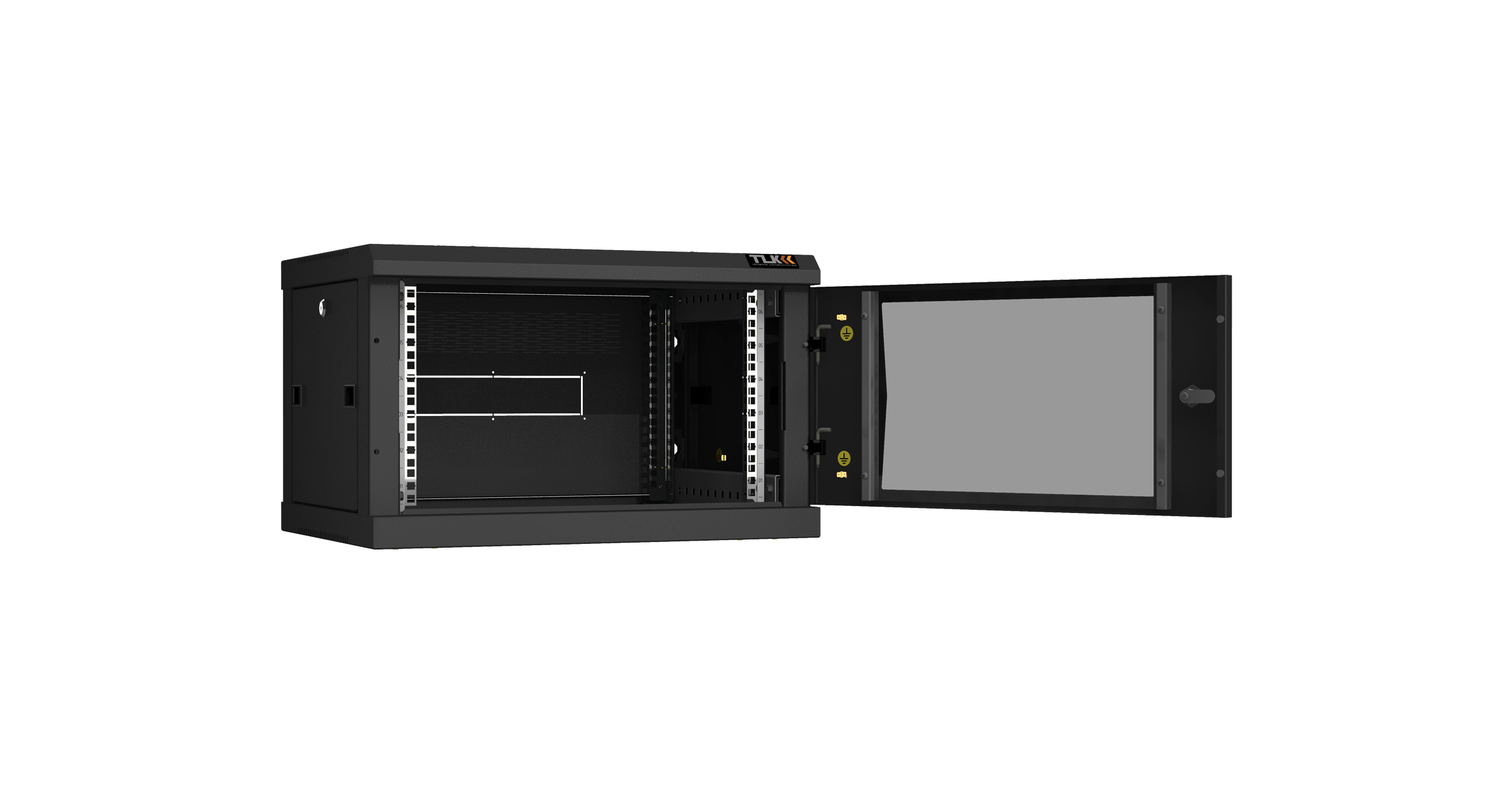 Настенный разборный шкаф NIKOMAX 19", 6U, стеклянная дверь, Ш600хВ370хГ450мм, 2 пары монтажных направляющих, черный — фото