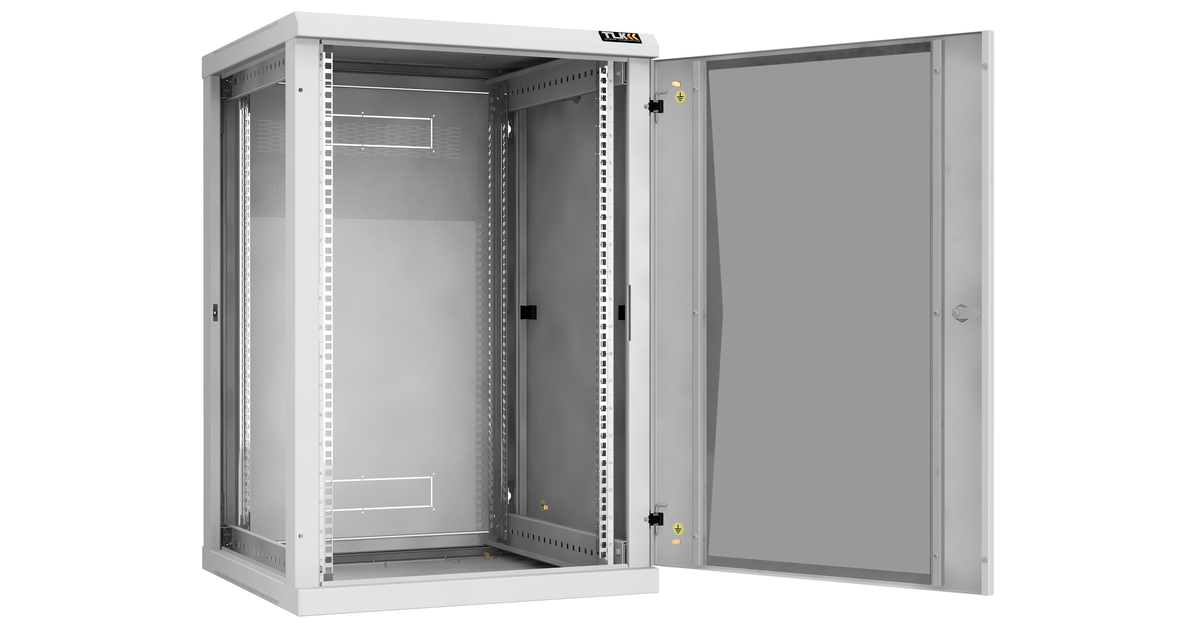 Настенный разборный шкаф NIKOMAX 19", 18U, стеклянная дверь, Ш600хВ904хГ600мм, 2 пары монтажных направляющих, серый — фото