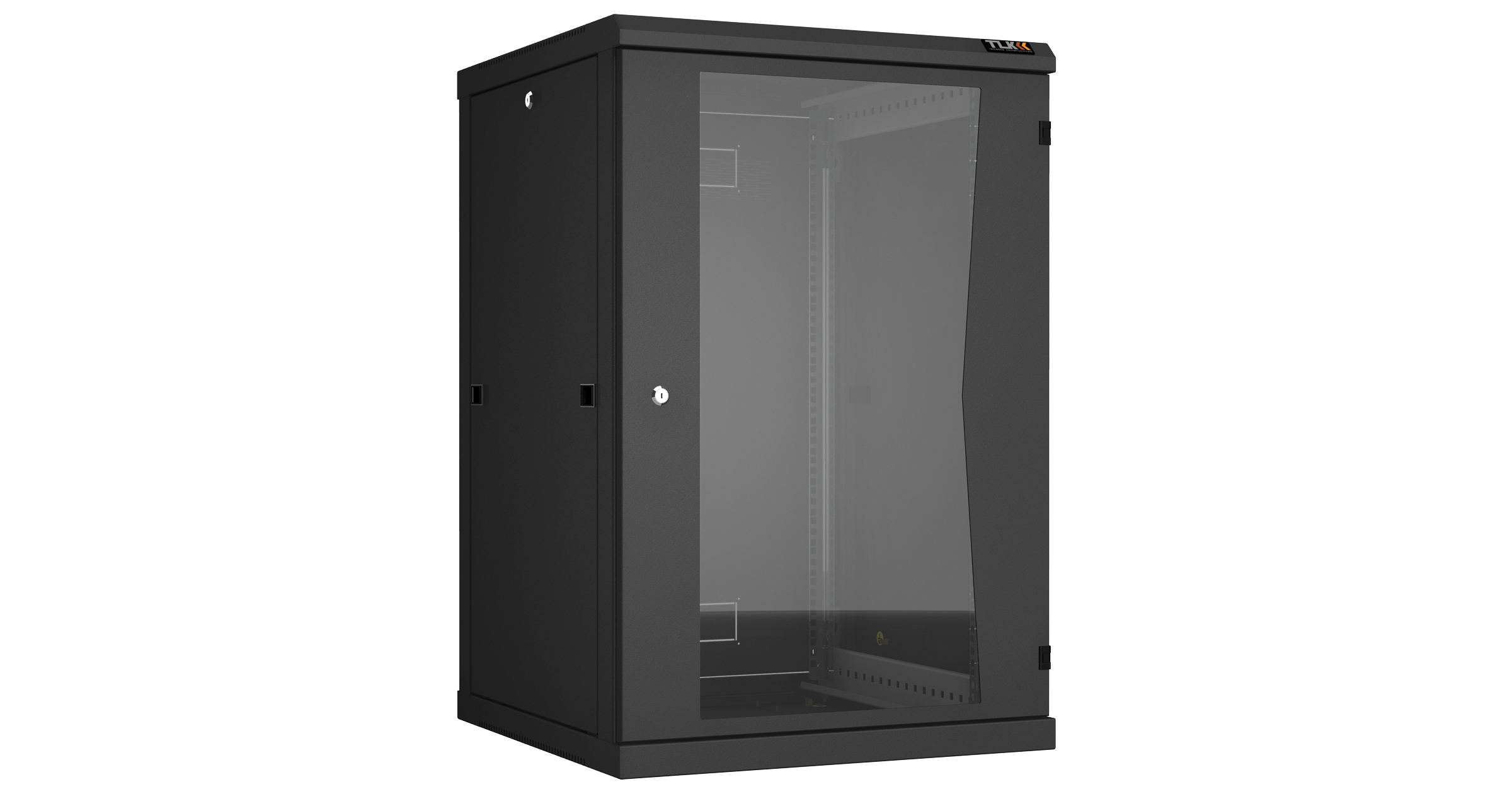 Настенный разборный шкаф NIKOMAX 19", 18U, стеклянная дверь, Ш600хВ904хГ600мм, 2 пары монтажных направляющих, черный — фото