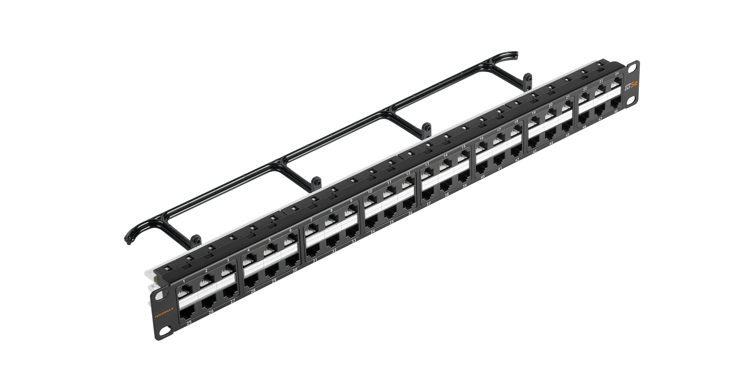 Коммутационная панель NIKOMAX 19", 1U, 48 портов, Кат.5e (Класс D), 100МГц, RJ45/8P8C, 110/KRONE, T568A/B, неэкранированная, с органайзером, черная - гарантия: 5 лет расширенная / 25 лет системная — фото