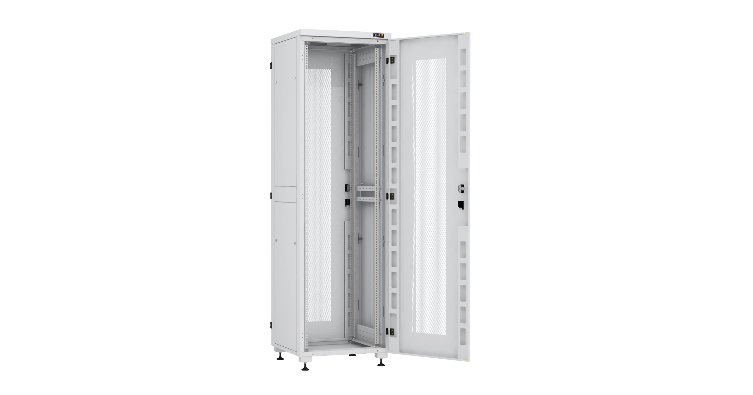Напольный шкаф NIKOMAX Essential Line серии TFI-R 19", 42U, перфорированные передняя и задняя двери с ручкой и замком, боковые двухуровневые цельнометаллические панели, оснащены замками, Ш600хВ2042хГ600мм, в разобранном виде, серый RAL7035 — фото