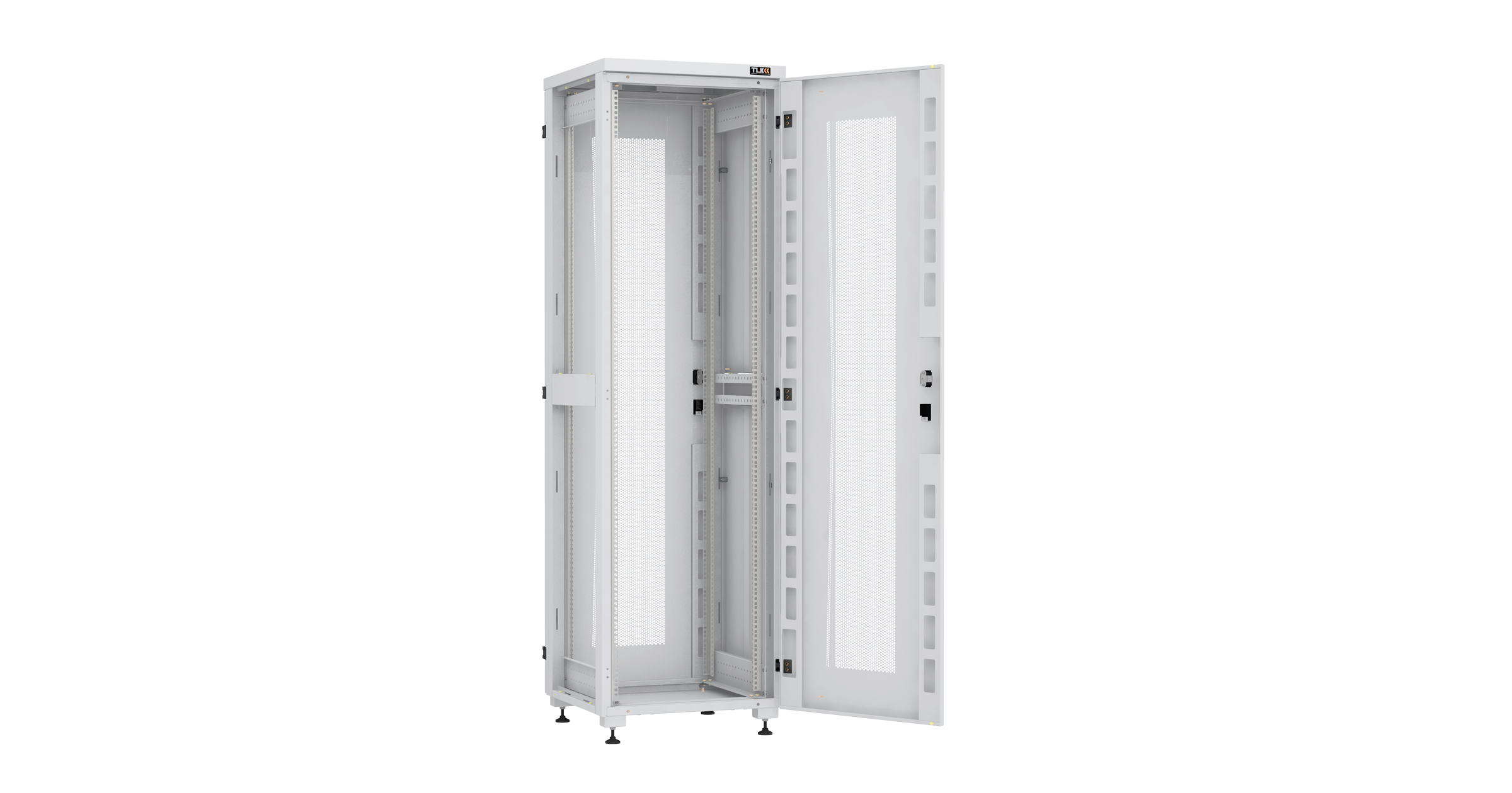 Напольный шкаф NIKOMAX Essential Line серии TFI-R 19", 42U, перфорированные передняя и задняя двери с ручкой и замком, боковые двухуровневые цельнометаллические панели, оснащены замками, Ш600хВ2042хГ600мм, в разобранном виде, серый RAL7035 — фото
