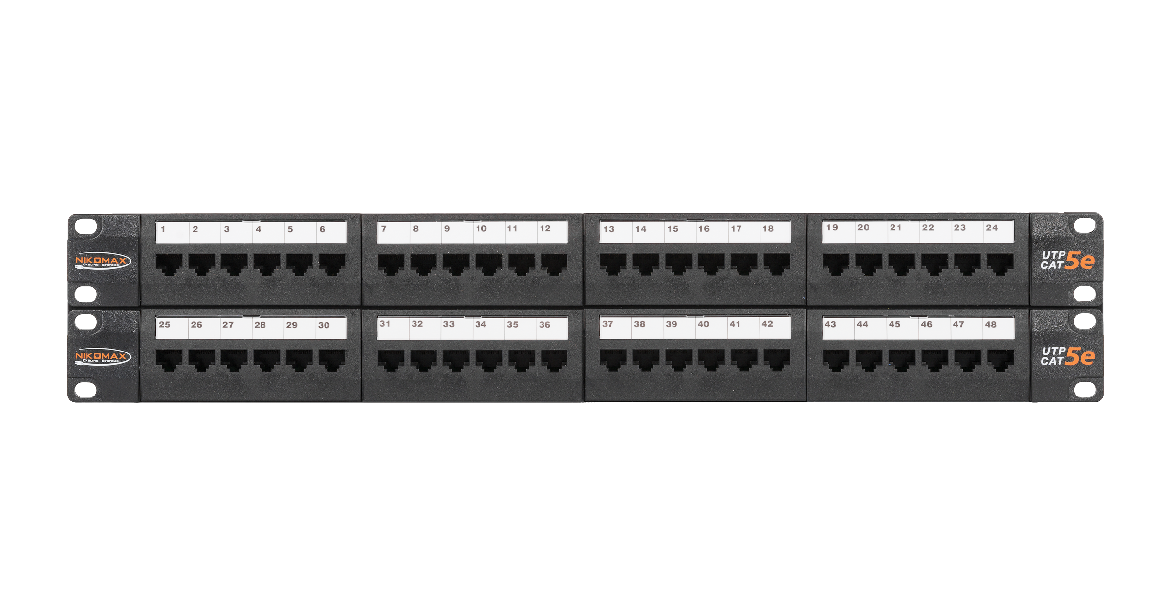 Коммутационная панель NIKOMAX 19", 2U, 48 портов, Кат.5e (Класс D), 100МГц, RJ45/8P8C, 110/KRONE, T568A/B, неэкранированная, с органайзерами, черная - гарантия: 5 лет расширенная / 25 лет системная