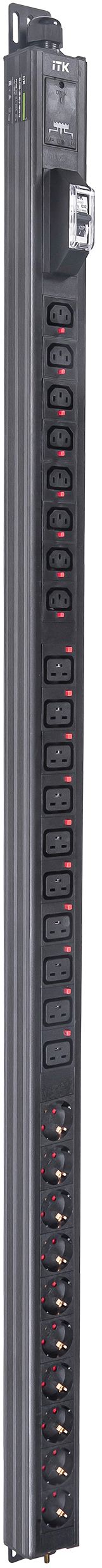 ITK BASE PDU вертикальный PV1102 33U 1 фаза 32А 10 розеток SCHUKO (немецкий стандарт) + 8 розеток C13 + 10 розеток C19 без кабеля с клеммной колодкой